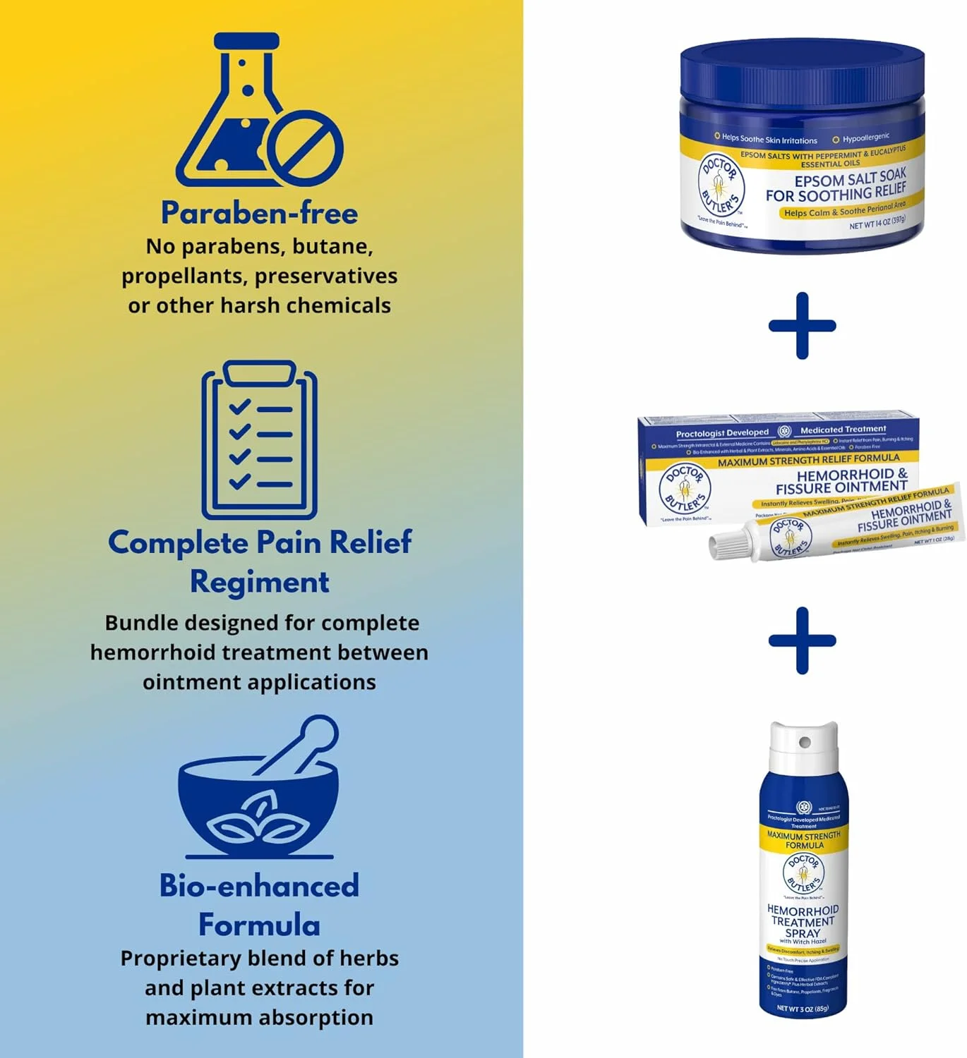 مجموعه درمان بواسیر دکتر باتلر - شامل پماد بواسیر و شقاق حاوی لیدوکائین، اسپری بواسیر حاوی فندق افسونگر و نمک حمام اپسوم برای کمک به کاهش تحریک