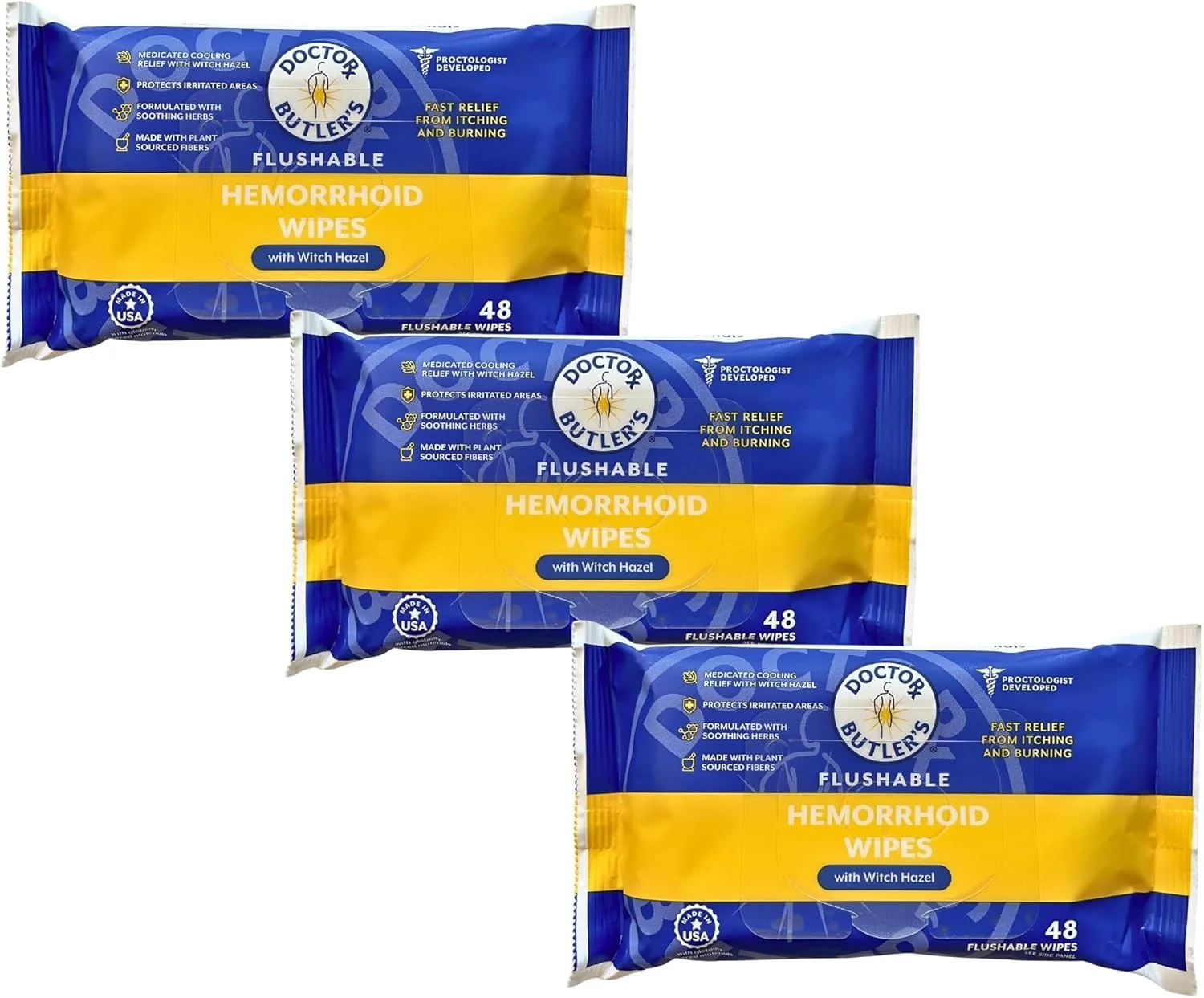 دستمال مرطوب تسکین دهنده بواسیر دکتر باتلر - دستمال مرطوب حاوی فندق افسونگر برای تسکین و کاهش ناراحتی ناشی از بواسیر (بسته 3 عددی - 48 عدد)