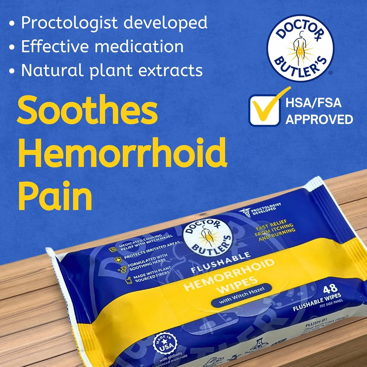 دستمال مرطوب تسکین دهنده بواسیر دکتر باتلر - دستمال مرطوب حاوی فندق افسونگر برای تسکین و کاهش ناراحتی ناشی از بواسیر (بسته 3 عددی - 48 عدد)