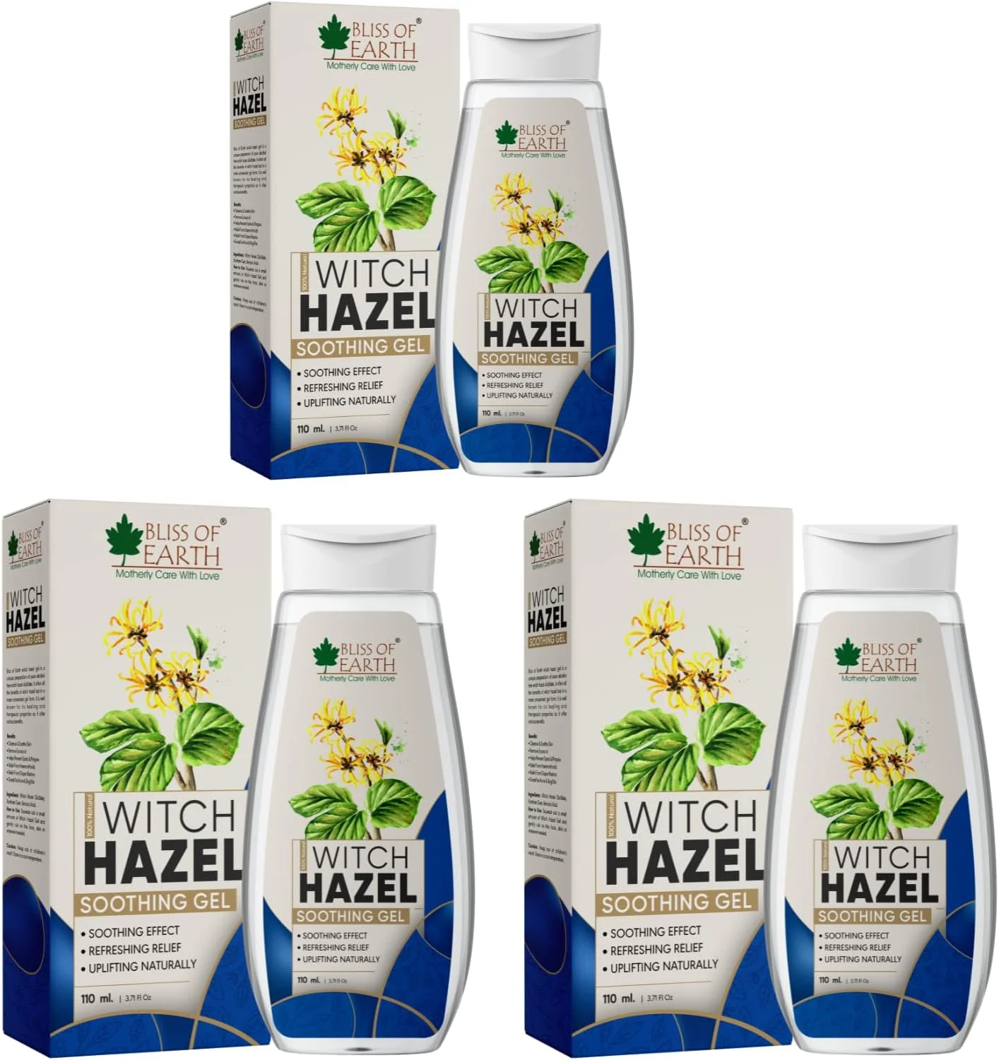 ژل فندق افسونگر بدون الکل بلیس آو ارث برای پوست، تسکین ورم و التهاب، بسته 3 عددی 100 گرمی