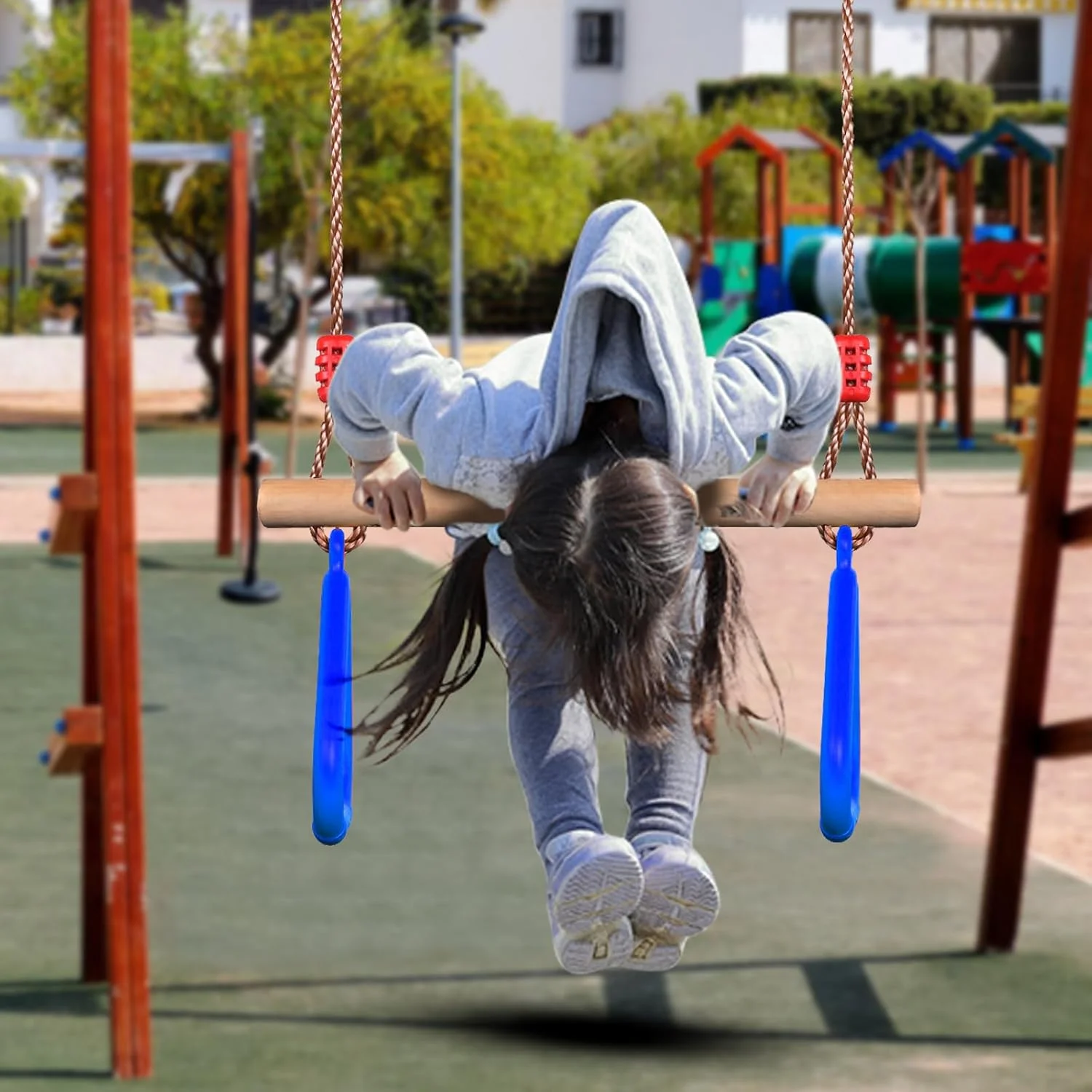 تاب بازی بارفیکس چوبی کودکان پلور با حلقه های ژیمناستیک پلاستیکی، مناسب برای سرگرمی در فضای داخلی و خارجی