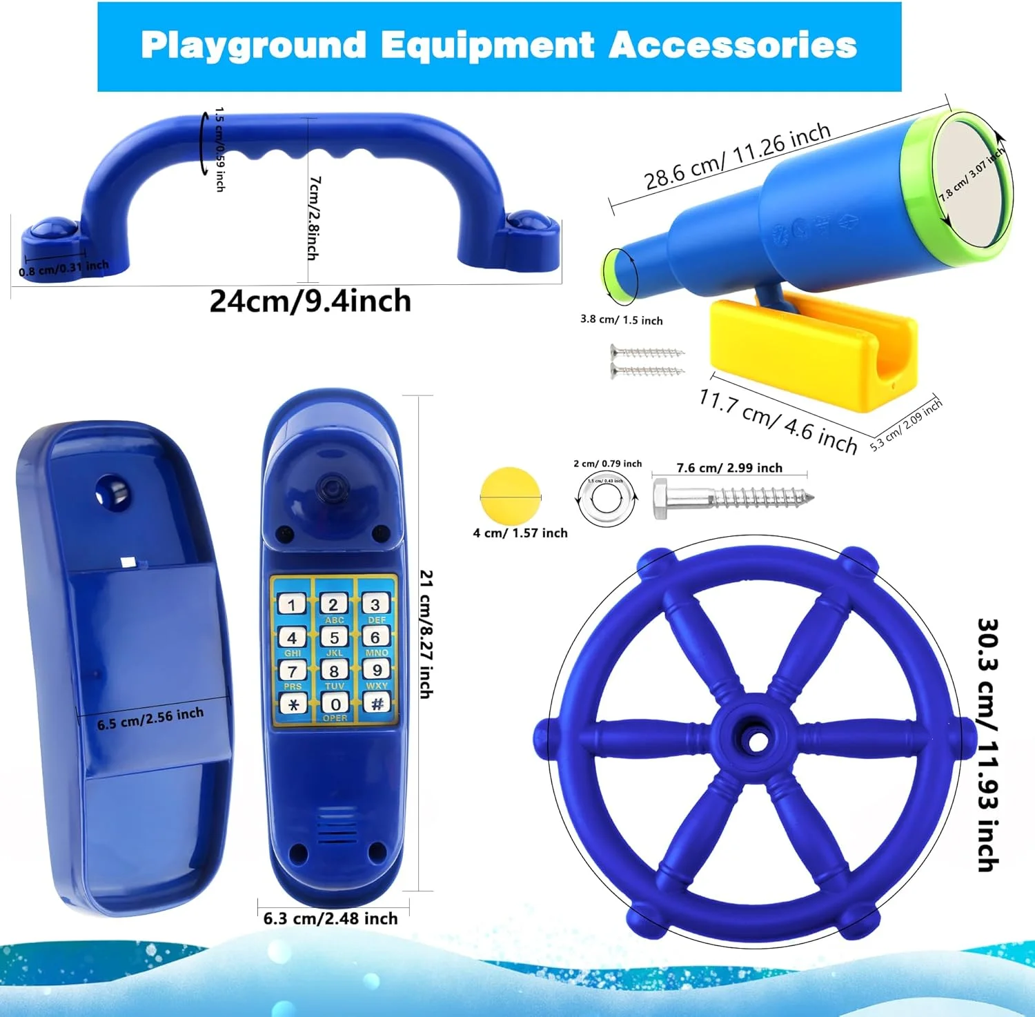 مجموعه 5 عددی لوازم جانبی زمین بازی کودکان شامل فرمان پلاستیکی، تلفن، تلسکوپ دزدان دریایی و دستگیره ایمنی برای خانه درختی و حیاط خلوت (آبی - مجموعه 1)