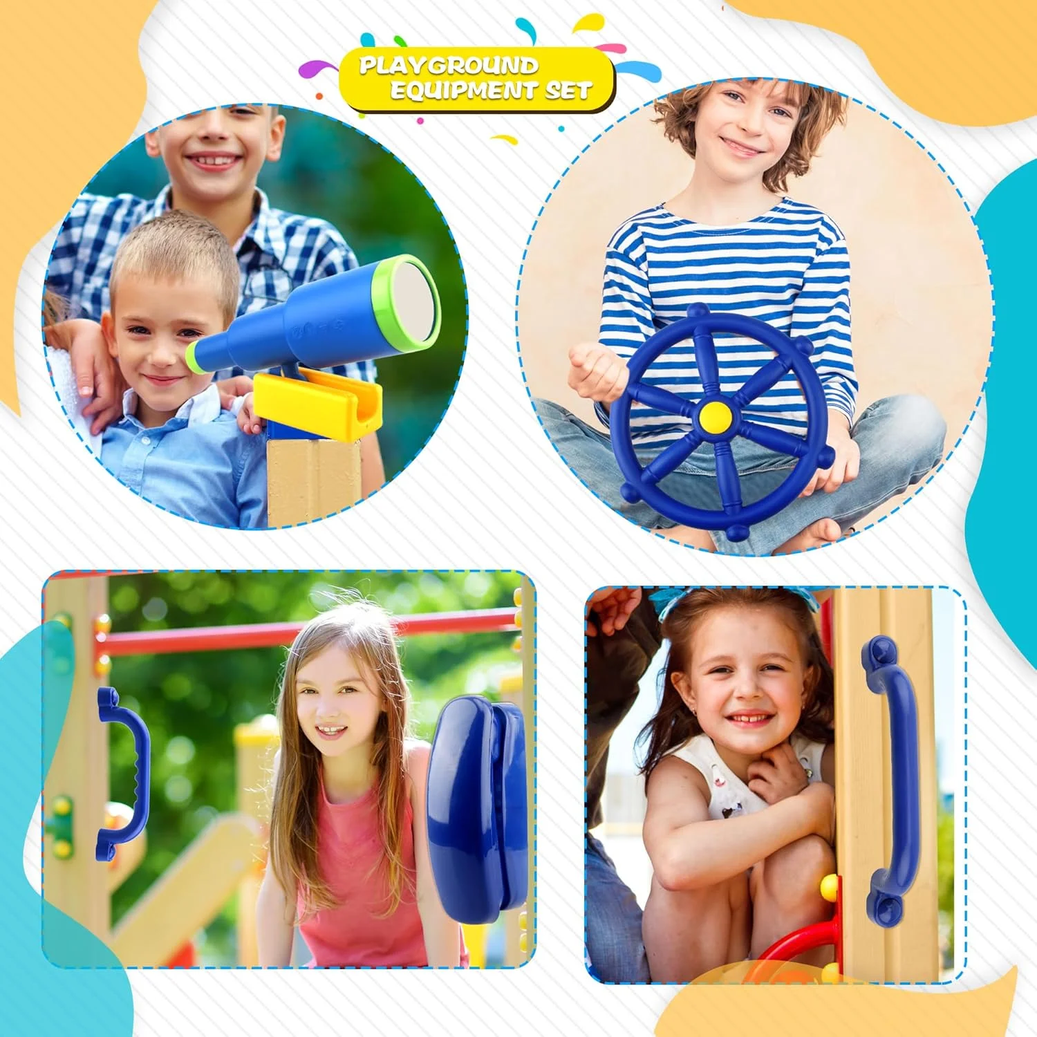 مجموعه 5 عددی لوازم جانبی زمین بازی کودکان شامل فرمان پلاستیکی، تلفن، تلسکوپ دزدان دریایی و دستگیره ایمنی برای خانه درختی و حیاط خلوت (آبی - مجموعه 1)
