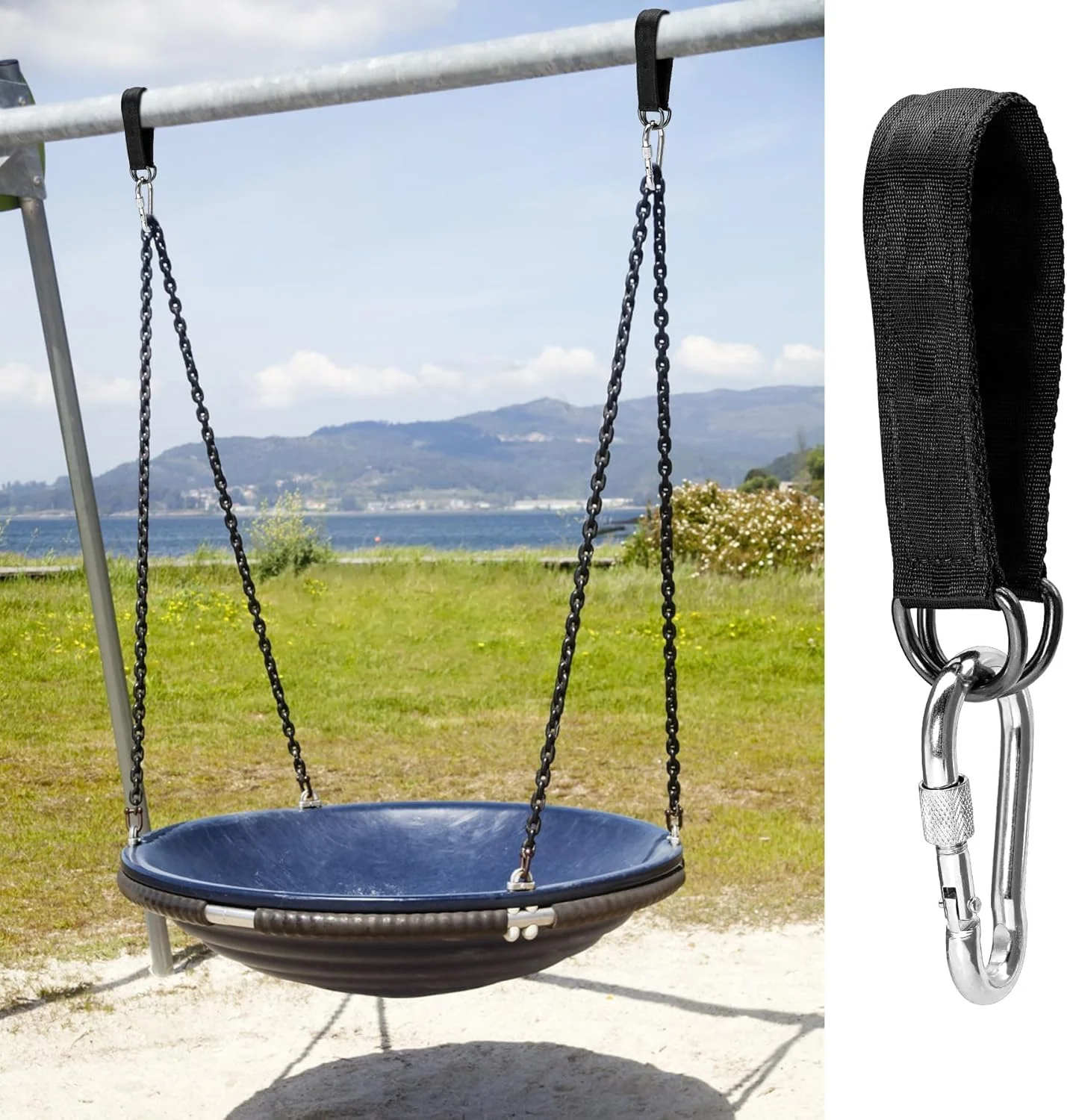 مجموعه 4 عددی اتصال دهنده های تخت آویز، بند تاب درختی، کیت تاب قابل حمل نایلونی، بند آویز مقاوم در برابر پارگی با 4 کارابین و 4 حلقه D برای صندلی آویز تاب