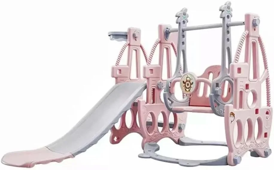 مجموعه سرسره و تاب داخل خانه | ۱۲ ماه تا ۵ سال | صورتی و خاکستری | پلاستیک PP و طناب نایلونی | دو تاب و سرسره صاف | ارتفاع قابل تنظیم تاب و کمربند ایمنی | مونتاژ سریع و قابل حمل