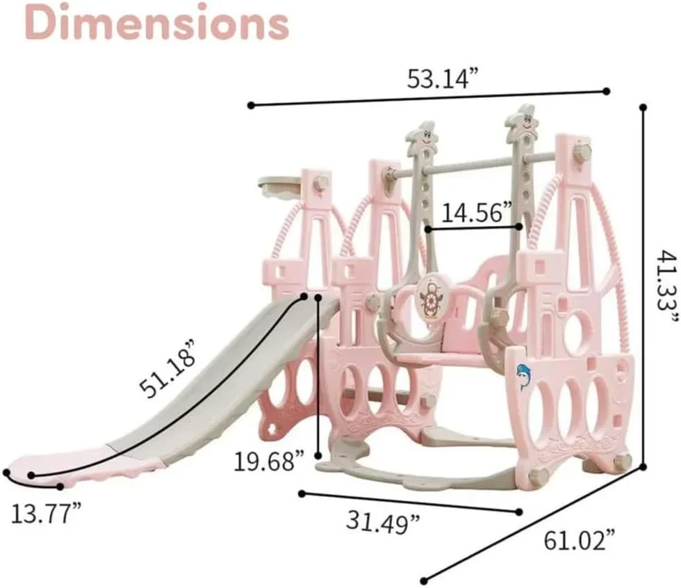 مجموعه سرسره و تاب داخل خانه | ۱۲ ماه تا ۵ سال | صورتی و خاکستری | پلاستیک PP و طناب نایلونی | دو تاب و سرسره صاف | ارتفاع قابل تنظیم تاب و کمربند ایمنی | مونتاژ سریع و قابل حمل