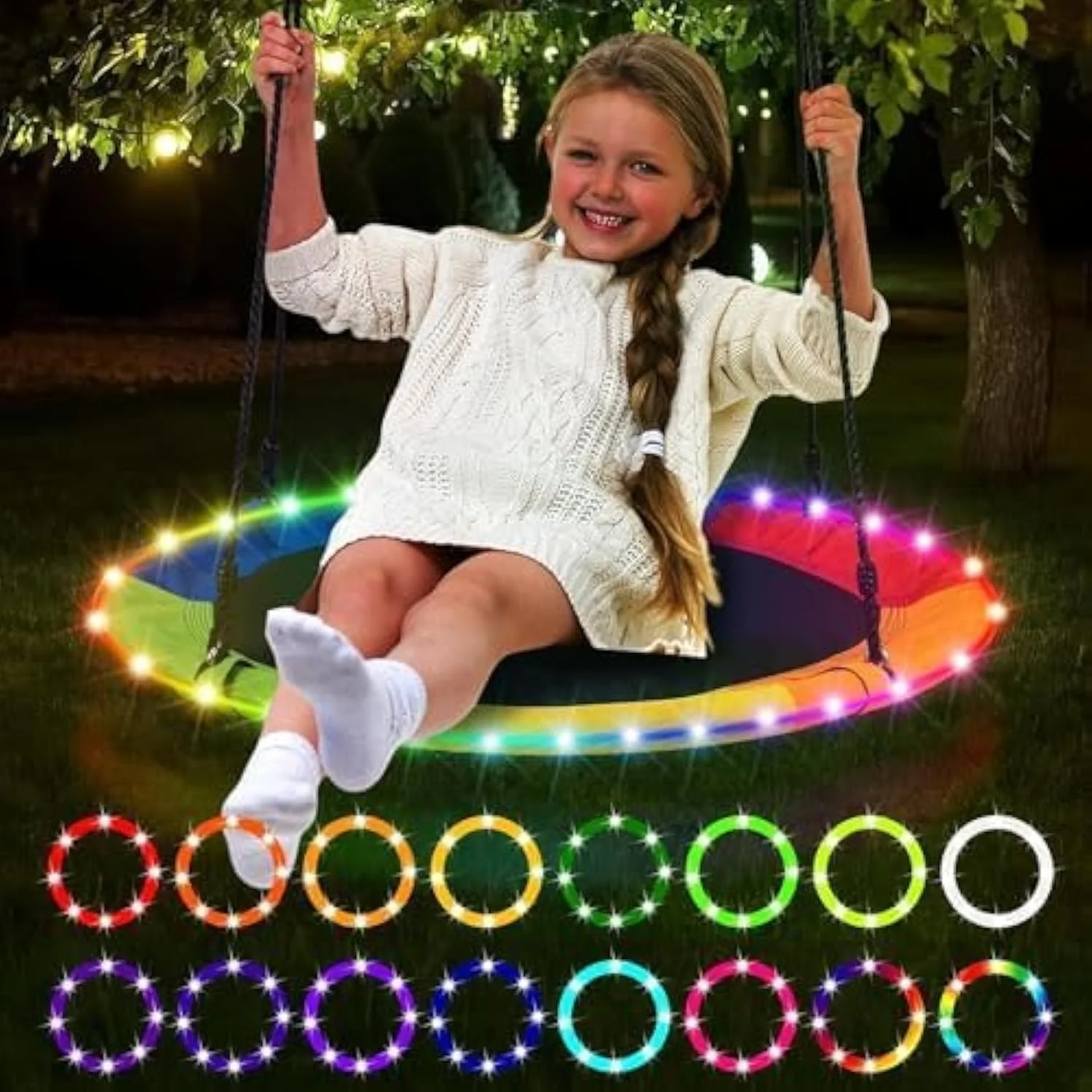 تاب بازی کودک MONOCUS™، تاب درختی بشقابی با نور LED و طناب های چند رشته ای برای فضای باز و سرپوشیده، به همراه 2 بند آویز اضافی، مناسب برای ست های ورزشی و حیاط خلوت