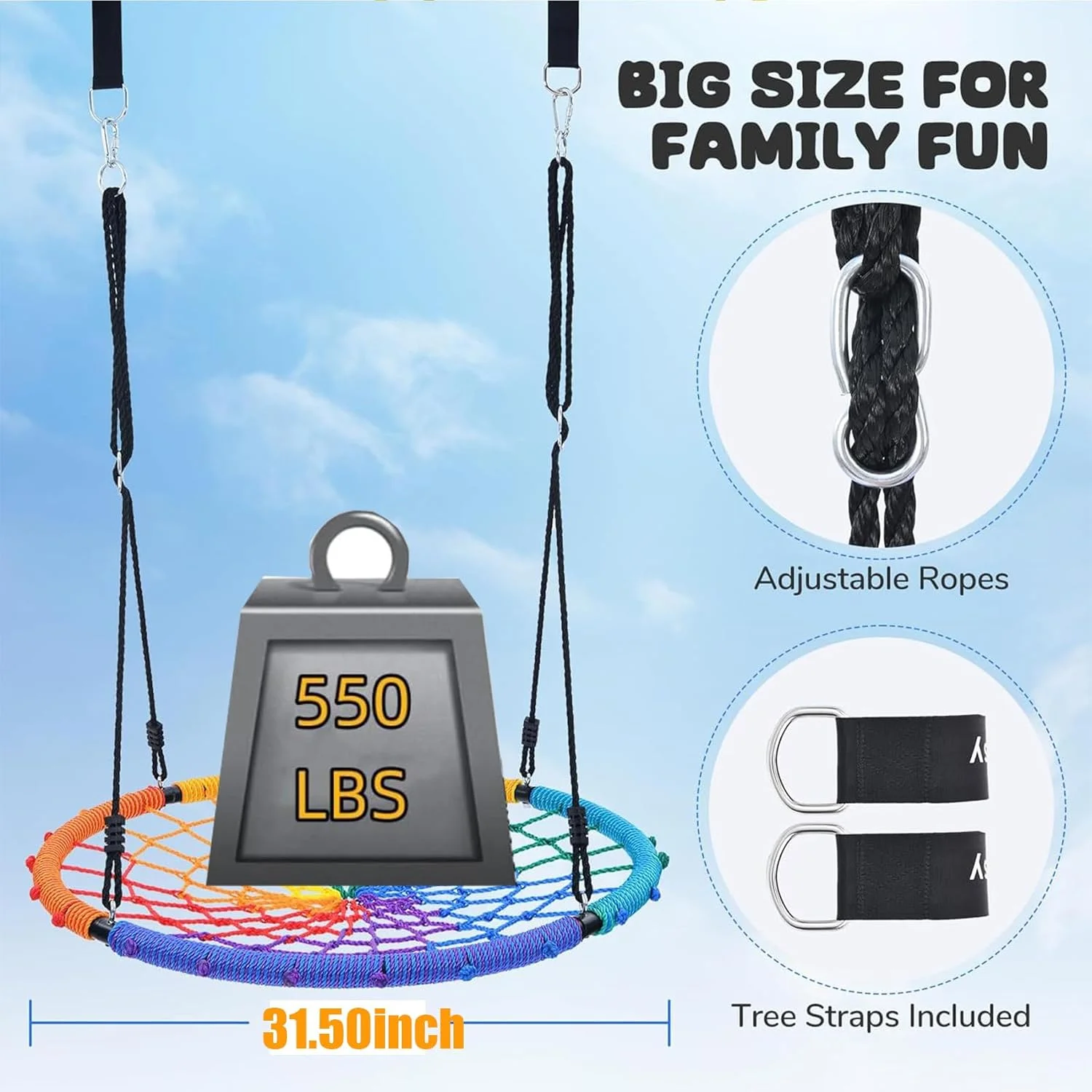 تاب بازی گرد درختی IS MUHE، تاب طنابی قابل تنظیم برای کودکان و بزرگسالان، قطر 80 سانتی متر، حداکثر وزن تا 300 کیلوگرم، مناسب برای خانه، باغ، فضای باز