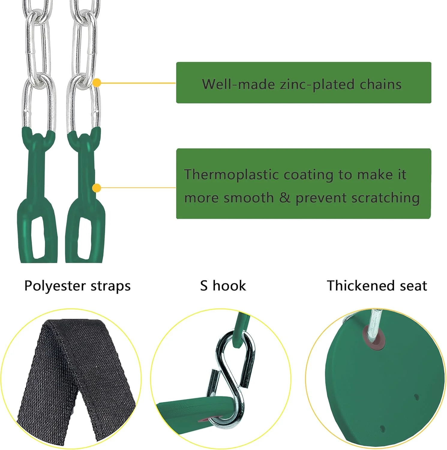تاب بازی، تاب حسی درمانی، زنجیر آهنی با روکش مقاوم 167 سانتی‌متری، لوازم جانبی ست تاب فضای باز با قلاب و تسمه آویز (سبز)