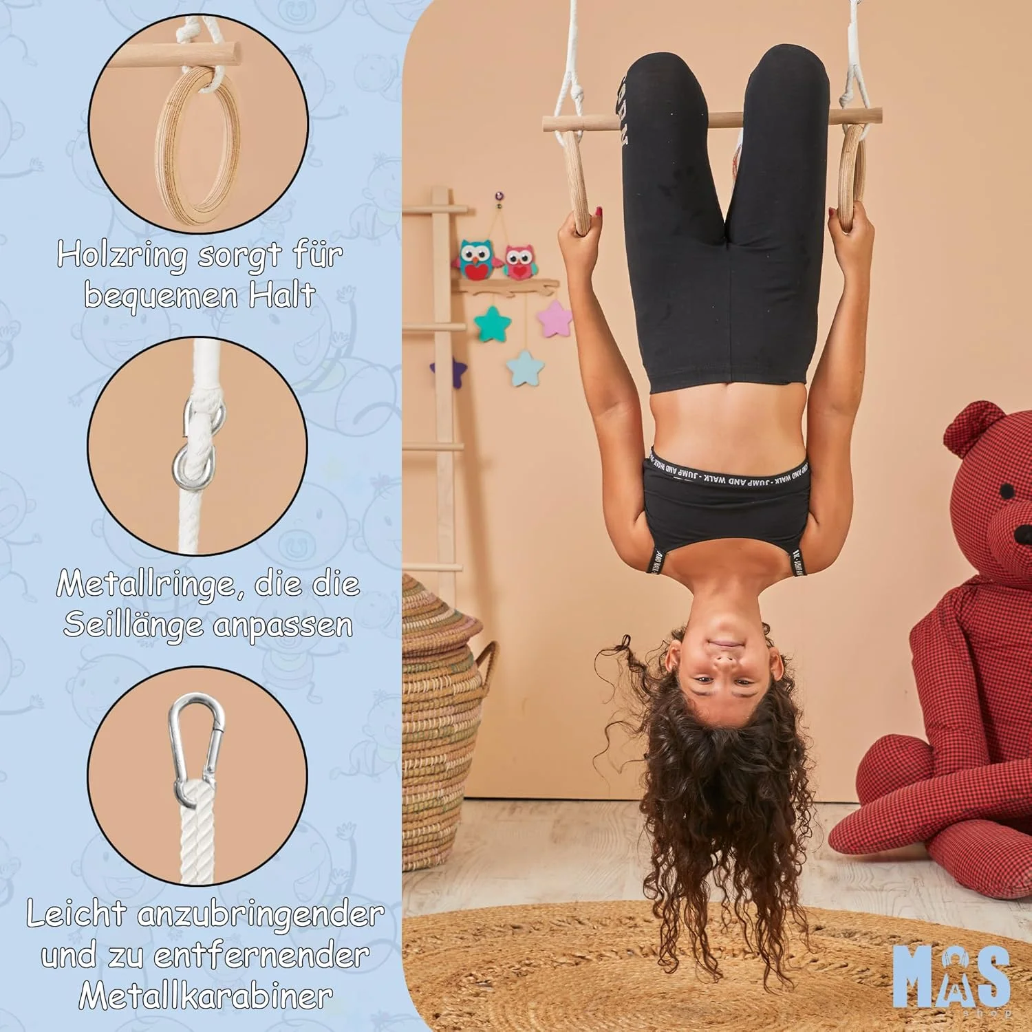 تاب ذوزنقه‌ای - حلقه‌های ژیمناستیک کودکان، چوب راش، طول طناب قابل تنظیم، ظرفیت 50 کیلوگرم - سرگرمی داخل و خارج از خانه، ذوزنقه، تاب کودکان، تاب تراپز فضای باز، اسباب بازی کودکان