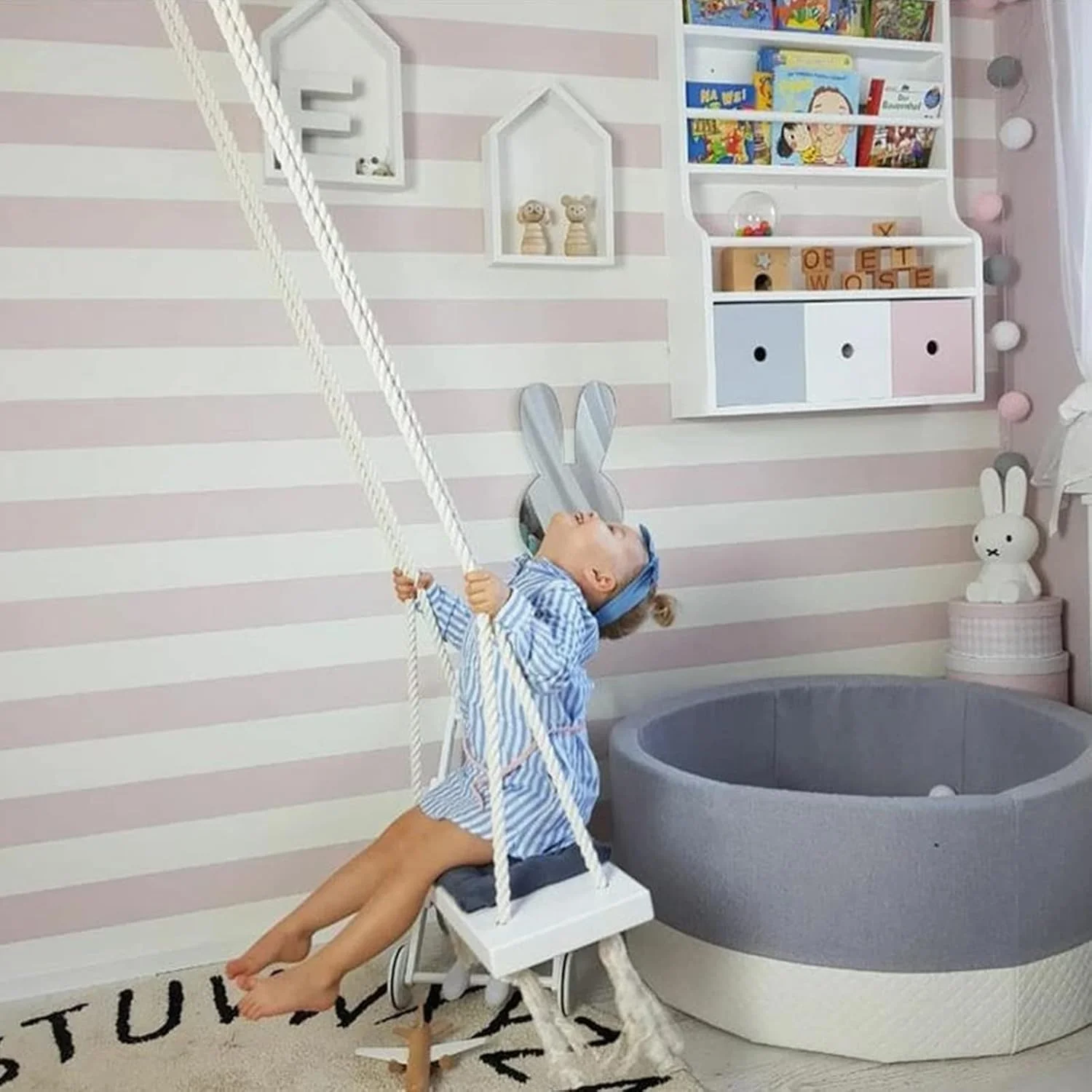 تاب بازی کمپینگ، تاب کودک، ست آویز کودک، صندلی گهواره ای با کوسن، صندلی تاب چوبی جامد کودک، سبد آویز، خلاقانه سرپوشیده، طناب کنفی زمین بازی اوقات فراغت، اسباب بازی قابل حمل خانگی