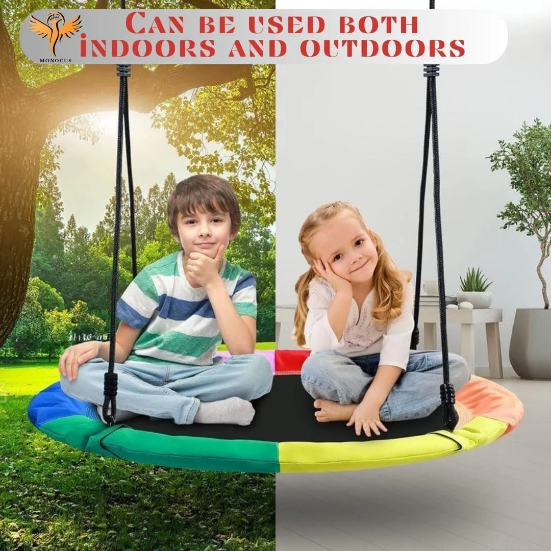 تاب بازی بشقابی رنگارنگ MONOCUS™، تاب مجموعه ای برای کودکان و بزرگسالان، تاب کودک با طناب های چند رشته ای، تاب ضد آب با 2 بند آویز قابل تنظیم برای زمین بازی در فضای باز