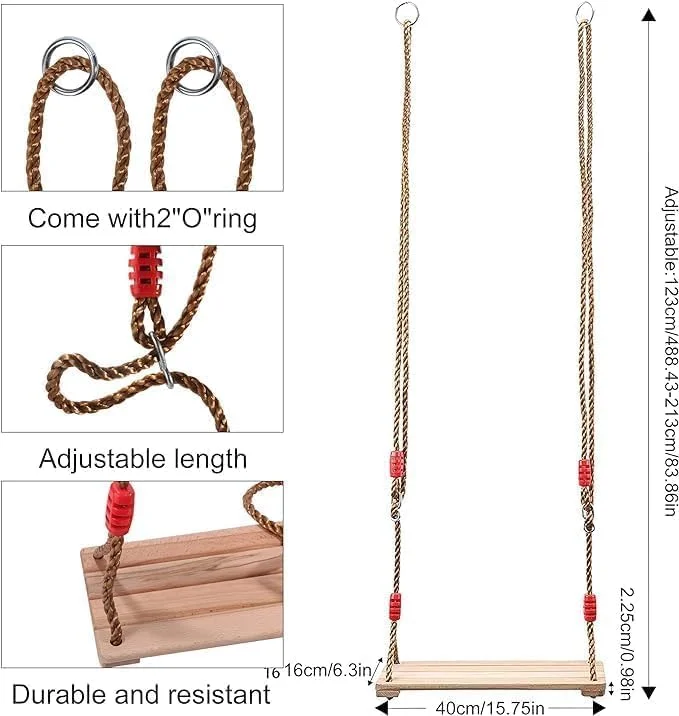 تاب چوبی صندلی دار فضای باز، تاب تخته ای، تاب چوبی، تخته تاب چوبی با کارابین استیل ضد زنگ و طناب کنفی برای تاب باغی کودکان و بزرگسالان
