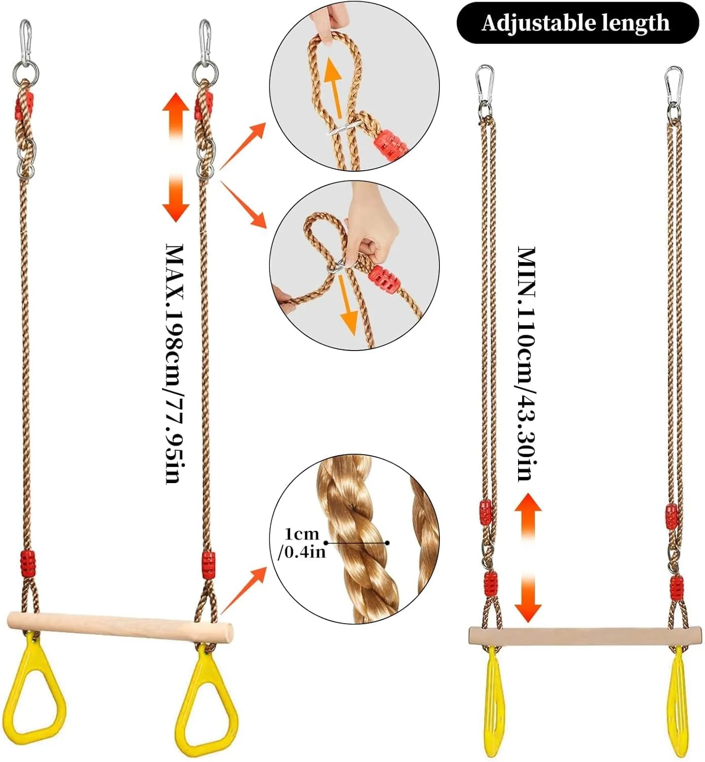 تاب چوبی صندلی دار فضای باز، تاب تخته ای، تاب چوبی، تخته تاب چوبی با کارابین استیل ضد زنگ و طناب کنفی برای تاب باغی کودکان و بزرگسالان