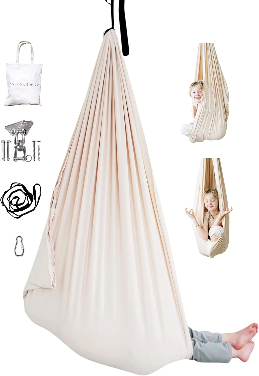 تاب فشاری حسی پنبه ای داخل خانه Marlowe & Co برای کودکان و بزرگسالان، شامل سخت افزار چرخان 360 درجه، تاب همیوکی پنبه ای دو لایه خنثی برای یکپارچگی حسی (جو دوسر)