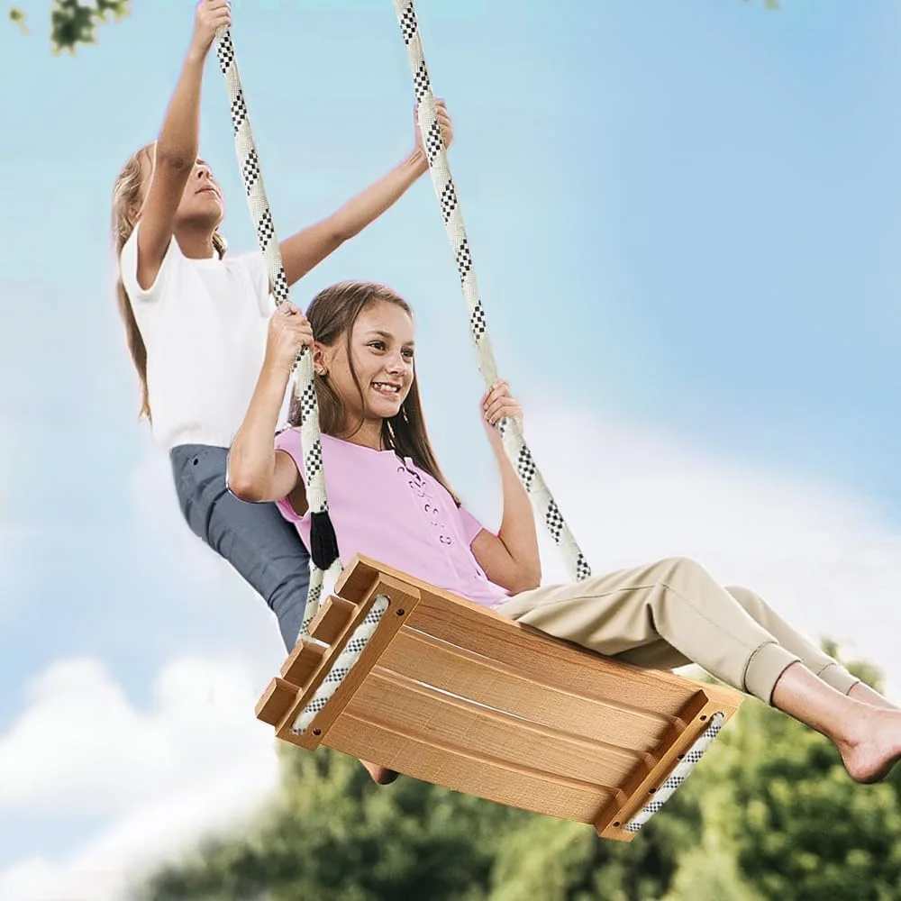 تاب بازی چوبی صندلی تاب آویز 43cmx 20cm، مجموعه تاب های طنابی قابل تنظیم برای کودکان صندلی تاب بازی داخل و خارج از منزل