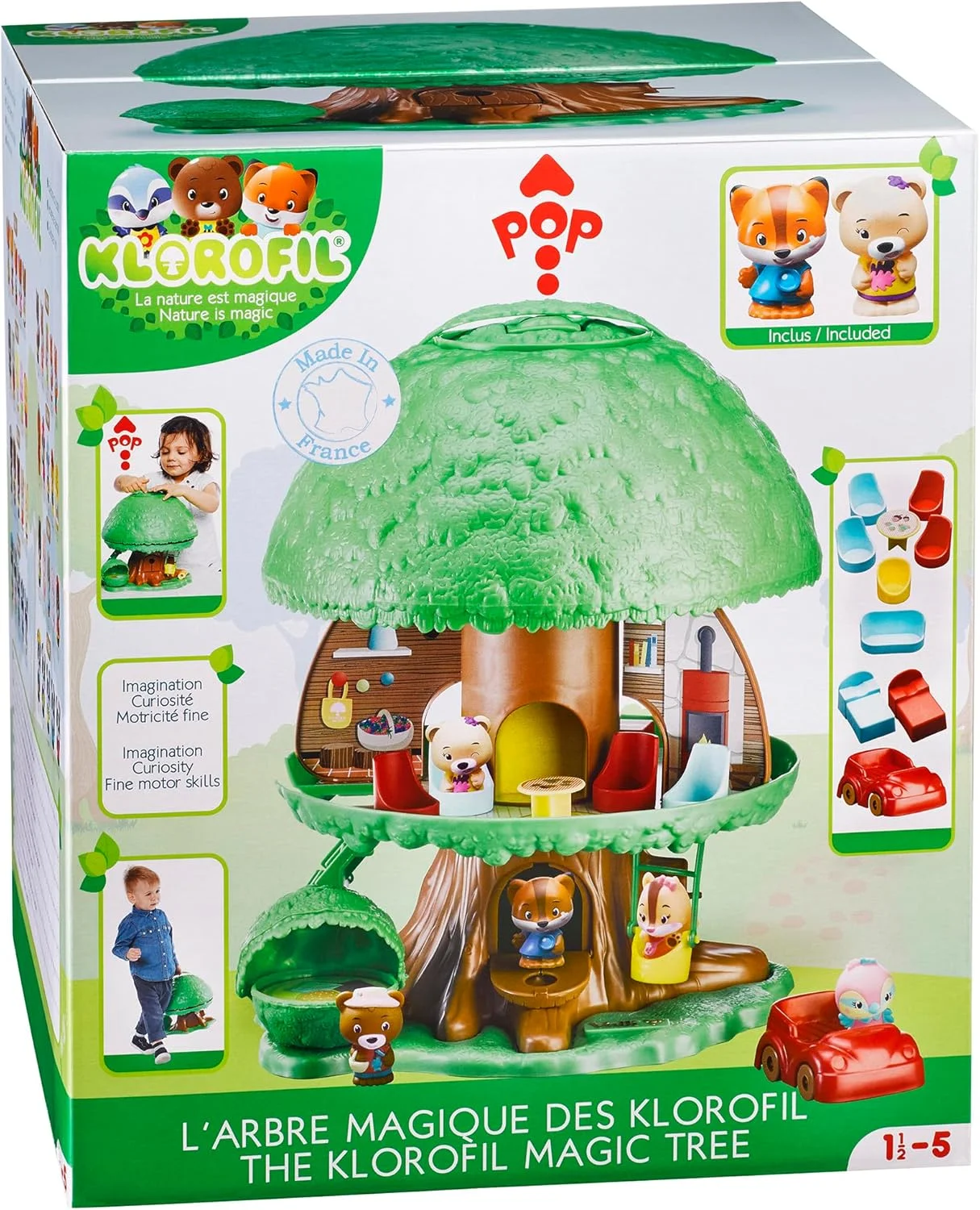 کلروفیل - درخت جادویی شامل: 2 فیگور + 12 لوازم جانبی (1 ماشین، 1 منطقه استراحت، 1 تاب، 2 تخت، 1 میز، 4 صندلی، 1 نیمکت و 1 صندلی راحتی)