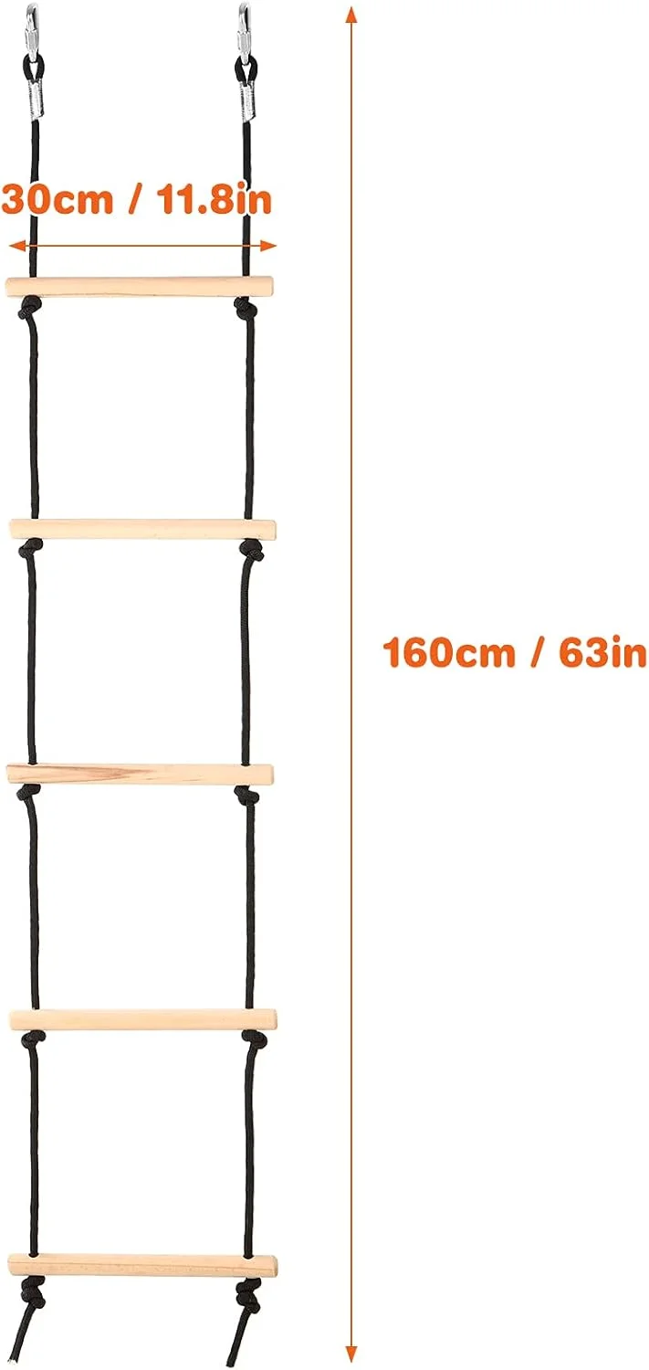 نردبان طنابی چوبی Labymos با 2 قلاب برای بازی موانع صعود کودکان، نردبان برای مجموعه بازی زمین بازی تاب