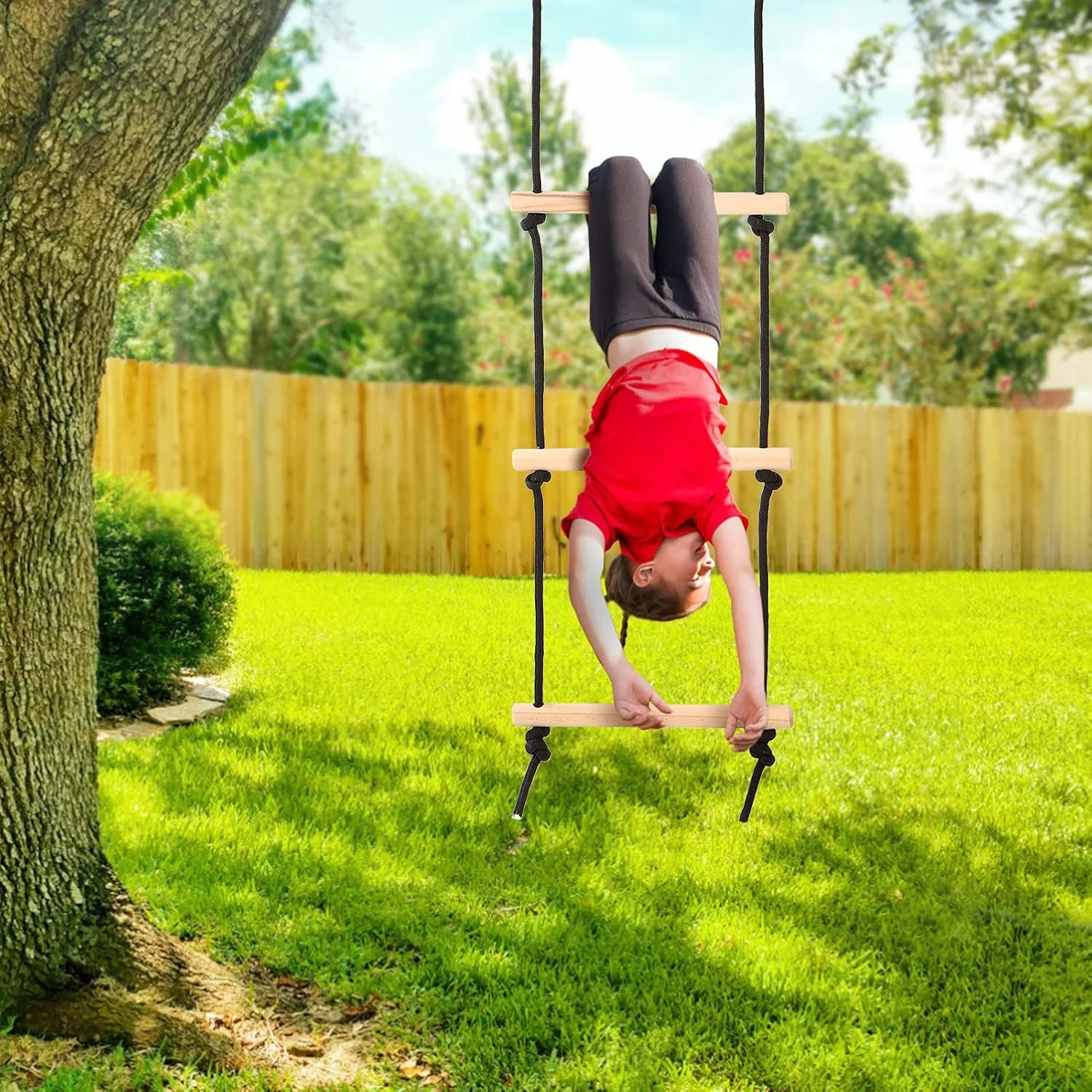 نردبان طنابی چوبی Labymos با 2 قلاب برای بازی موانع صعود کودکان، نردبان برای مجموعه بازی زمین بازی تاب