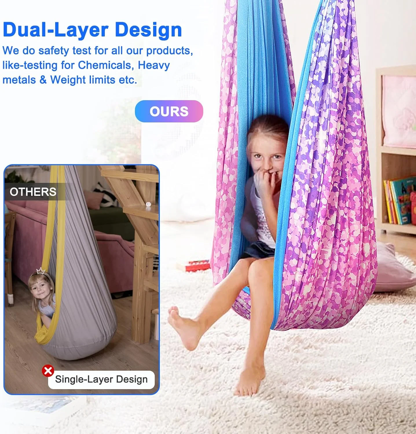 تاب حسی برای کودکان، داخل و خارج از منزل - تاب دو لایه با نیازهای ویژه، صندلی درمانی لذت حسی با کیت آویز چرخان 360 درجه و تاب قابل تنظیم برای بزرگسالان مبتلا به اوتیسم و ​​بیش فعالی