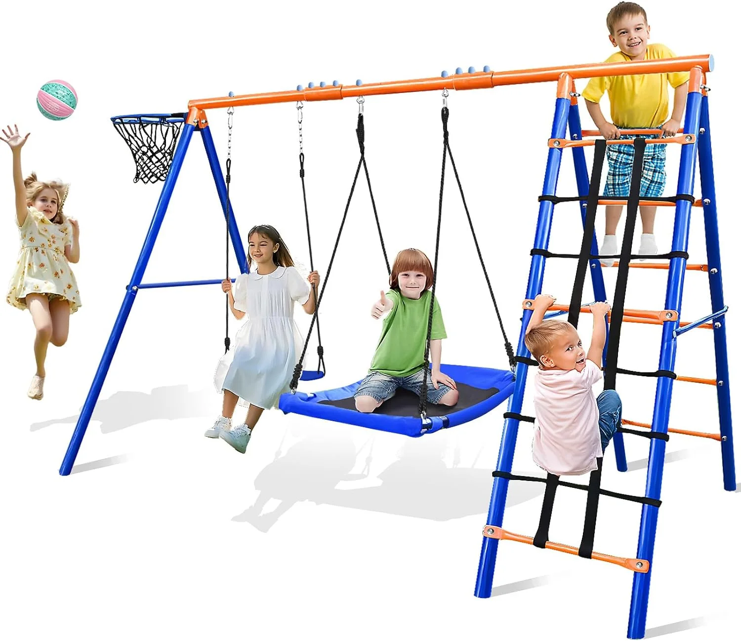 مجموعه تاب فلزی 5 در 1 مقاوم برای حیاط خلوت - مجموعه بازی فضای باز با ظرفیت 226 کیلوگرم به همراه حلقه بسکتبال و طناب صعود