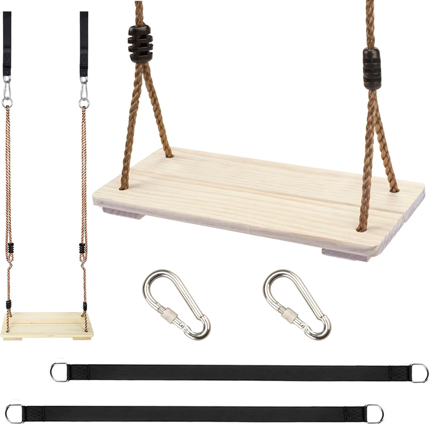 تاب چوبی KINSPORY برای کودکان، تاب بازی برای حیاط خلوت، طناب نایلونی قابل تنظیم با کیت بندهای آویز درخت، صندلی تاب چوبی برای ایوان، پاسیو، باغ و زمین بازی سرپوشیده و روباز