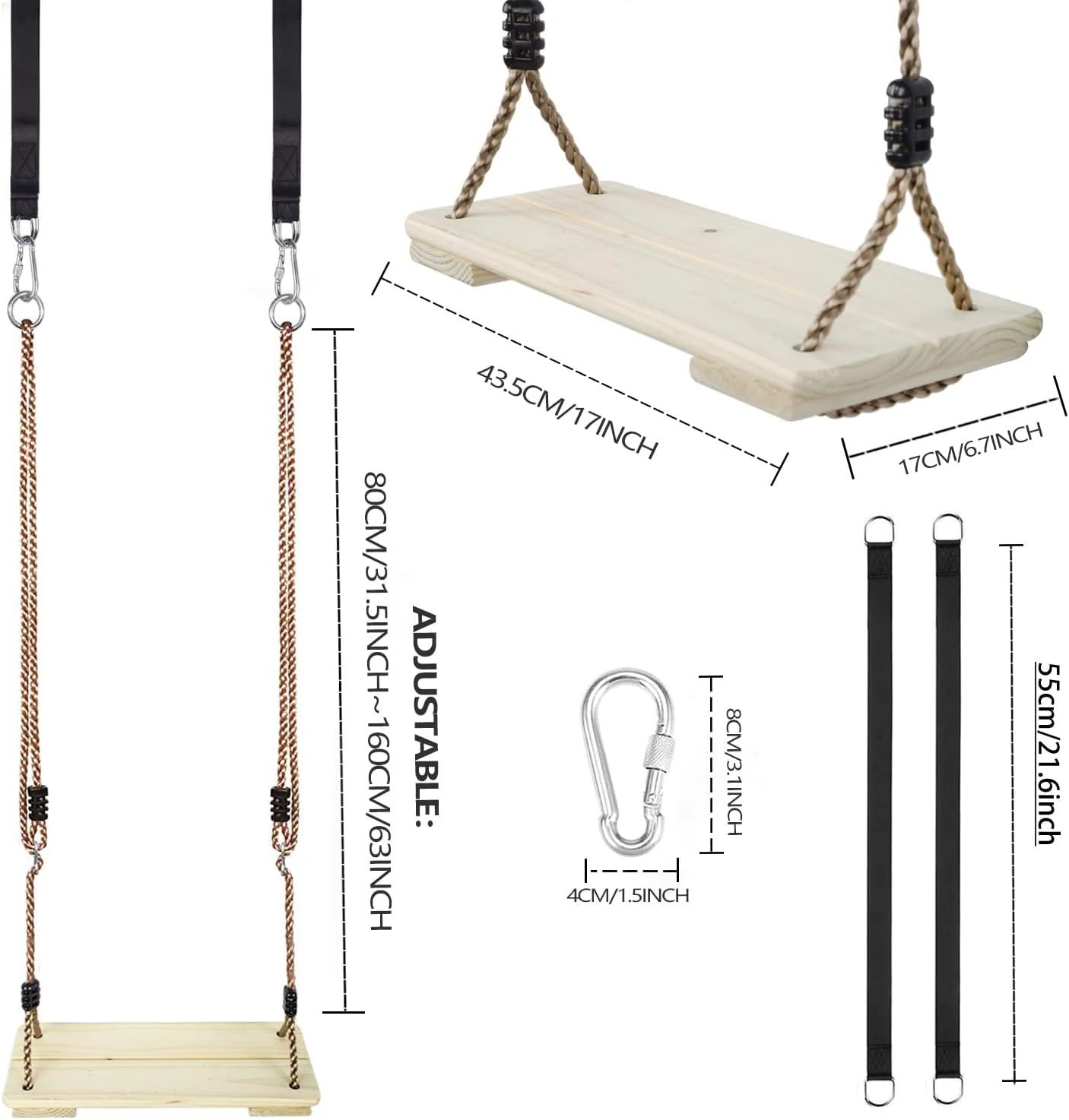 تاب چوبی KINSPORY برای کودکان، تاب بازی برای حیاط خلوت، طناب نایلونی قابل تنظیم با کیت بندهای آویز درخت، صندلی تاب چوبی برای ایوان، پاسیو، باغ و زمین بازی سرپوشیده و روباز