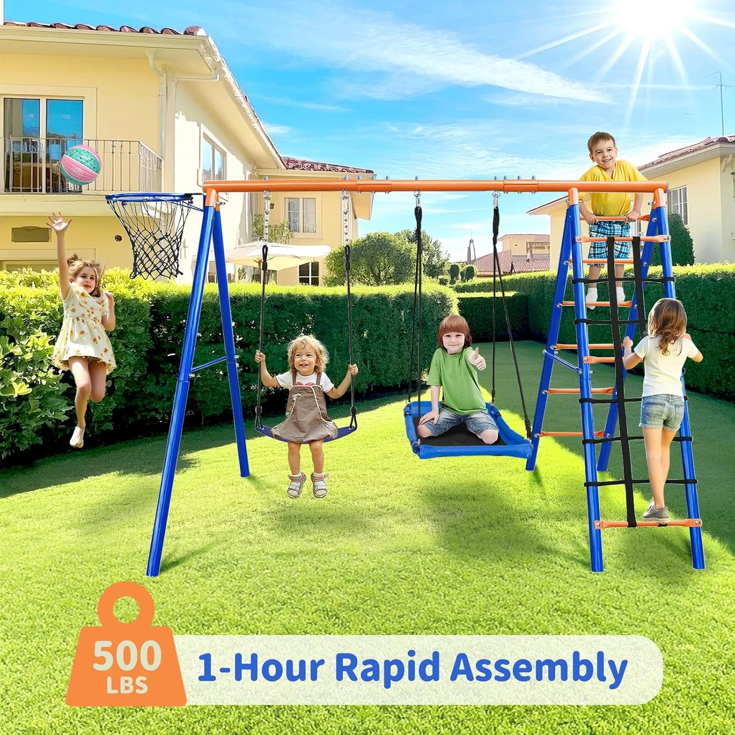 مجموعه تاب فلزی 5 در 1 مقاوم برای حیاط خلوت - مجموعه بازی فضای باز با ظرفیت 226 کیلوگرم به همراه حلقه بسکتبال و طناب صعود