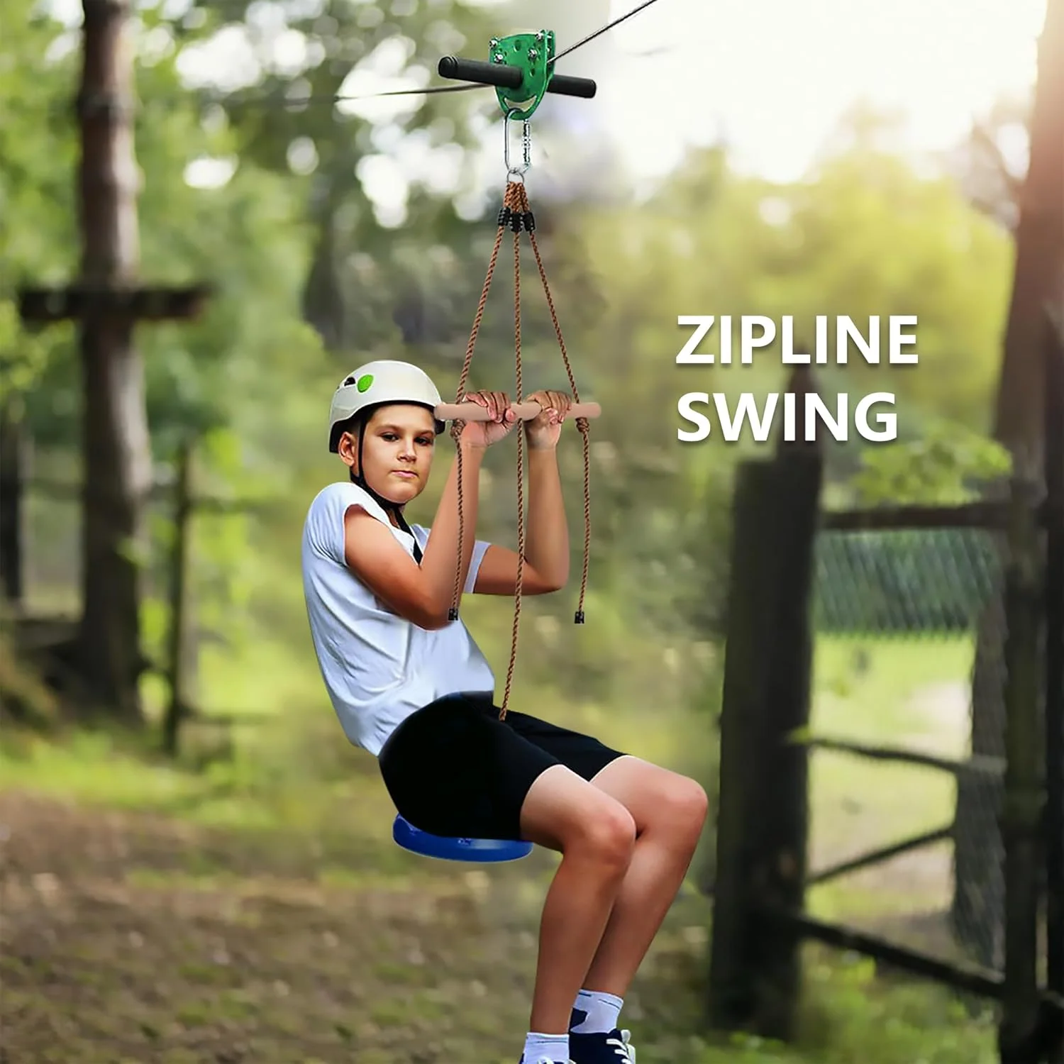 تاب دیسکی آبی برای کودکان با میله های میمون، تاب جایگزین برای مجموعه تاب در حیاط خلوت/درخت/زیپ لاین، صندلی تاب دیسکی سبز با طناب قابل تنظیم 5 فوتی، کارابین و تسمه 22 اینچی