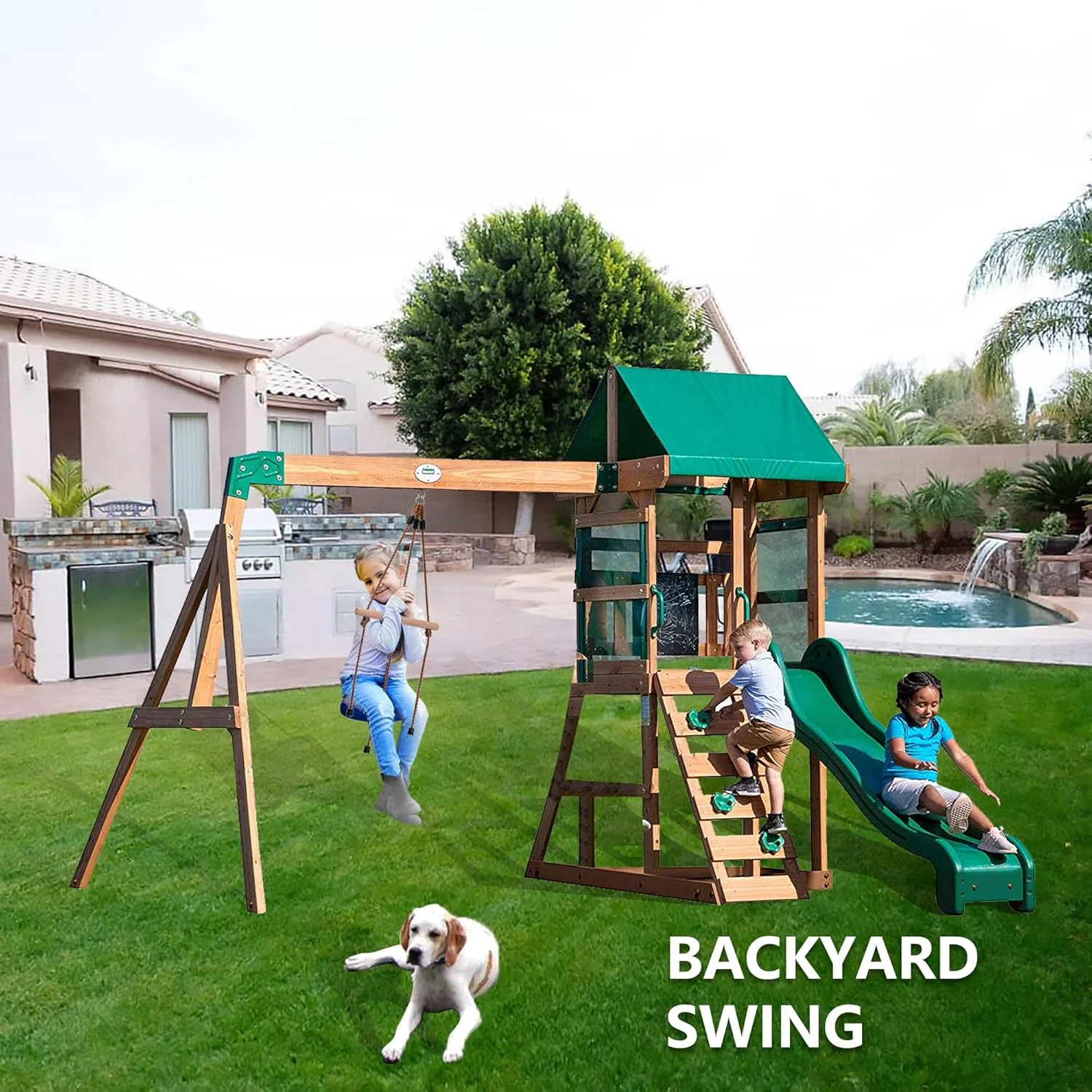 تاب دیسکی آبی برای کودکان با میله های میمون، تاب جایگزین برای مجموعه تاب در حیاط خلوت/درخت/زیپ لاین، صندلی تاب دیسکی سبز با طناب قابل تنظیم 5 فوتی، کارابین و تسمه 22 اینچی