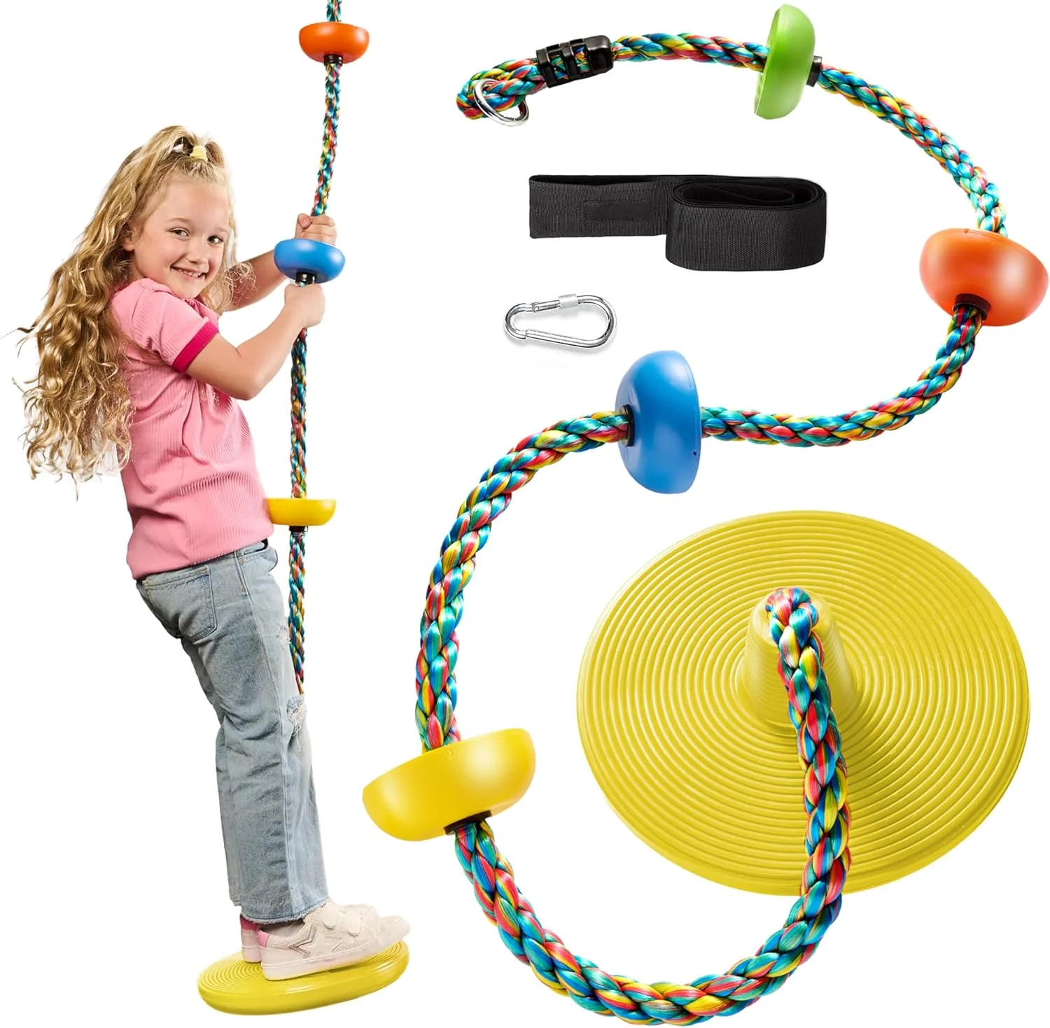 تاب بازی طنابی جنگل جیم کینگدام برای کودکان - صندلی تک دیسکی و مجموعه طناب صعود رنگین کمانی با کارابین و بند 2.6 فوتی - لوازم جانبی خانه درختی و زمین بازی در فضای باز - زرد