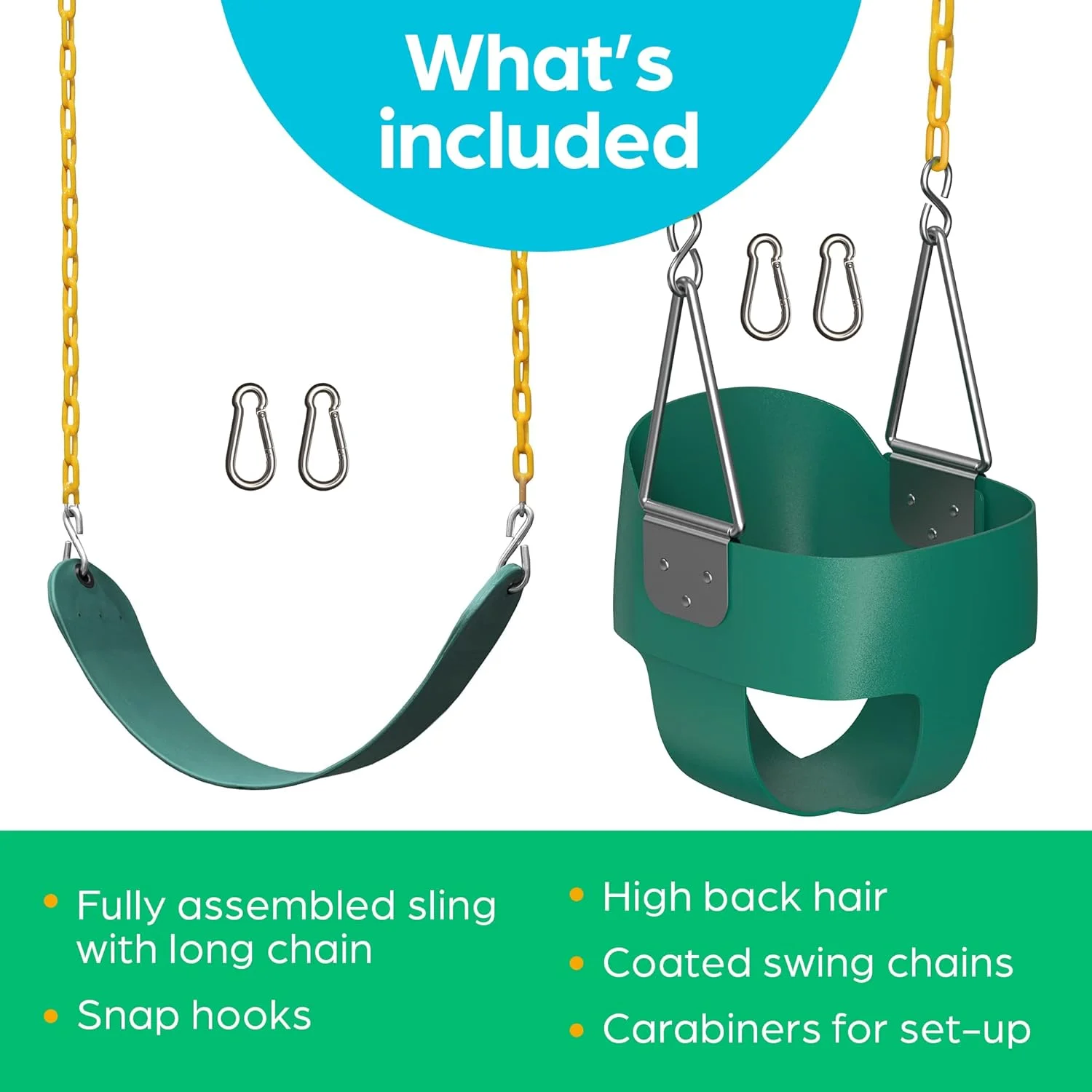 تاب بازی کودک جنگل جیم کینگدام - مقاوم، پشتی بلند، صندلی تاب کامل سطلی با زنجیرهای روکش دار برای استفاده در فضای باز - مونتاژ شده - سبز