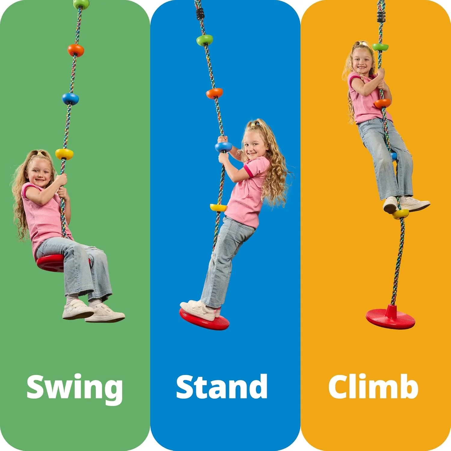 تاب بازی طنابی جنگل جیم کینگدام برای کودکان - صندلی تک دیسکی و مجموعه طناب صعود رنگین کمانی با کارابین و بند 2.6 فوتی - لوازم جانبی خانه درختی و زمین بازی در فضای باز - زرد