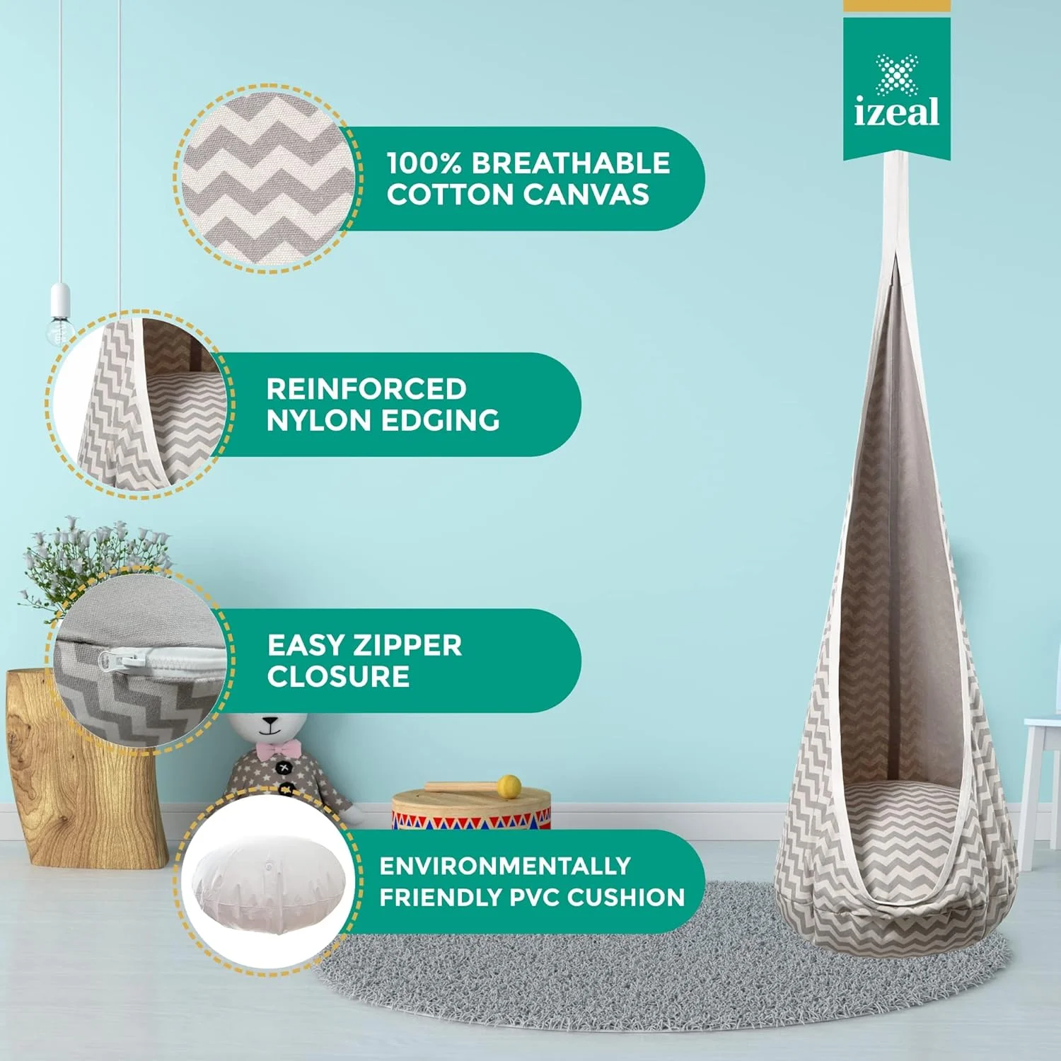 صندلی آویز کودک izeal، ساخته شده از %۱۰۰ کرباس پنبه ای، سرگرم کننده برای استفاده در داخل و خارج از خانه. تاب حسی تا وزن ۸۰ کیلوگرم را تحمل می کند.