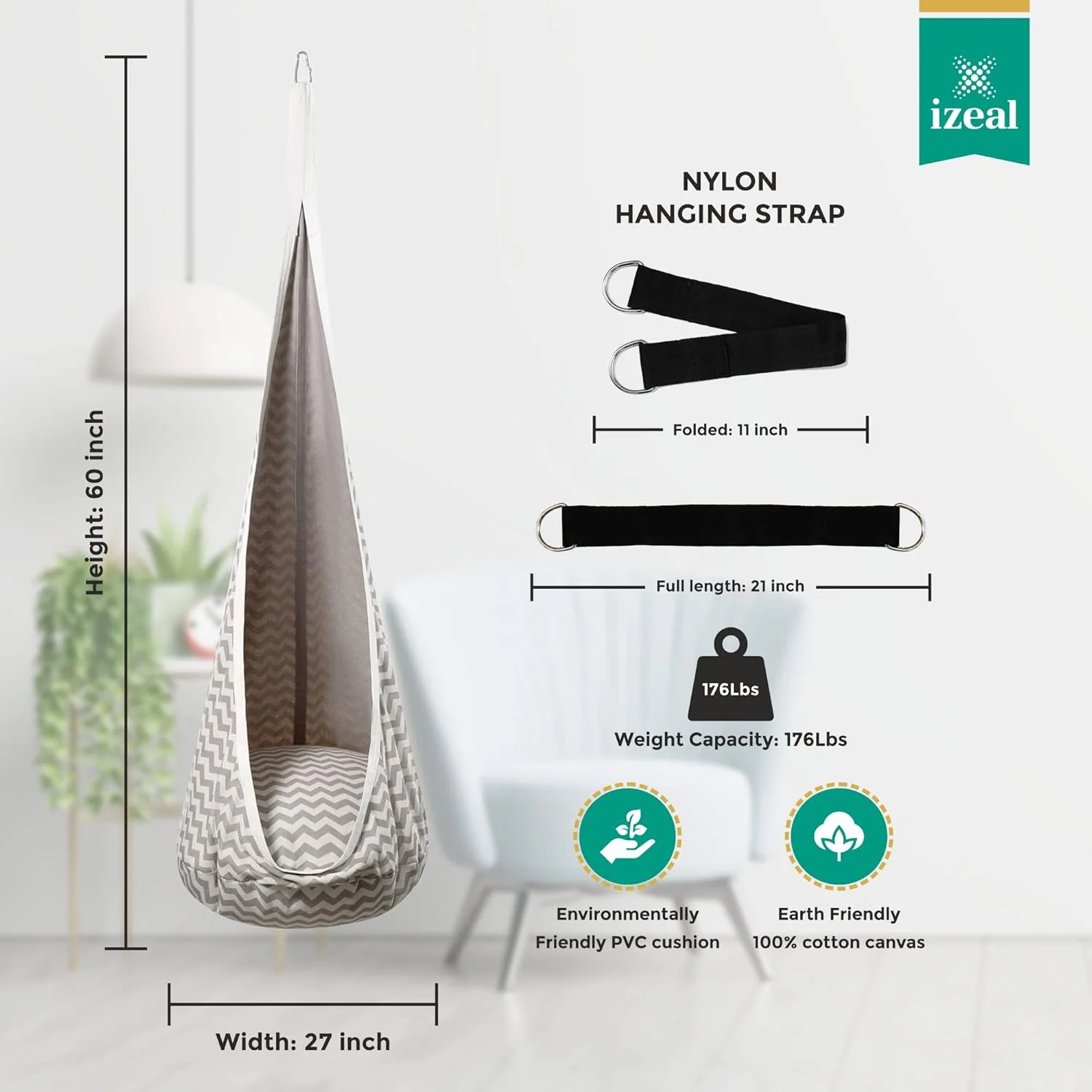 صندلی آویز کودک izeal، ساخته شده از %۱۰۰ کرباس پنبه ای، سرگرم کننده برای استفاده در داخل و خارج از خانه. تاب حسی تا وزن ۸۰ کیلوگرم را تحمل می کند.