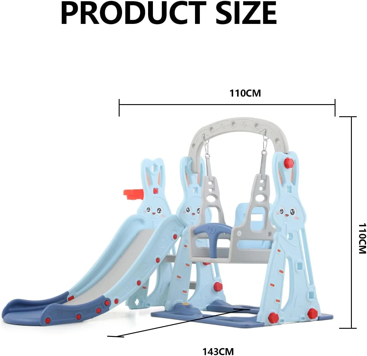مجموعه اسباب بازی سرسره و تاب 3 در 1 کودک با حلقه بسکتبال طرح خرگوش آبی