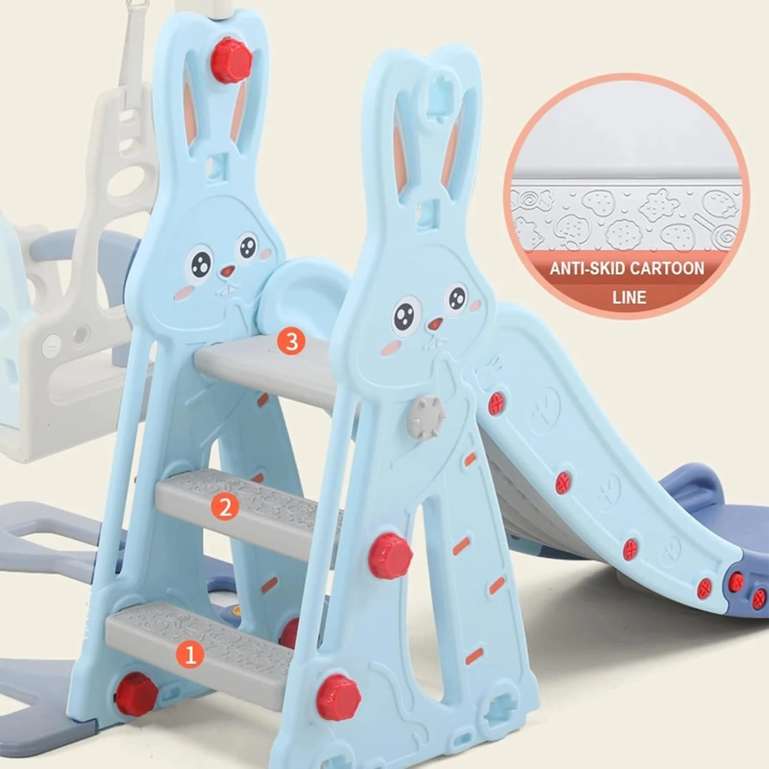 مجموعه اسباب بازی سرسره و تاب 3 در 1 کودک با حلقه بسکتبال طرح خرگوش آبی