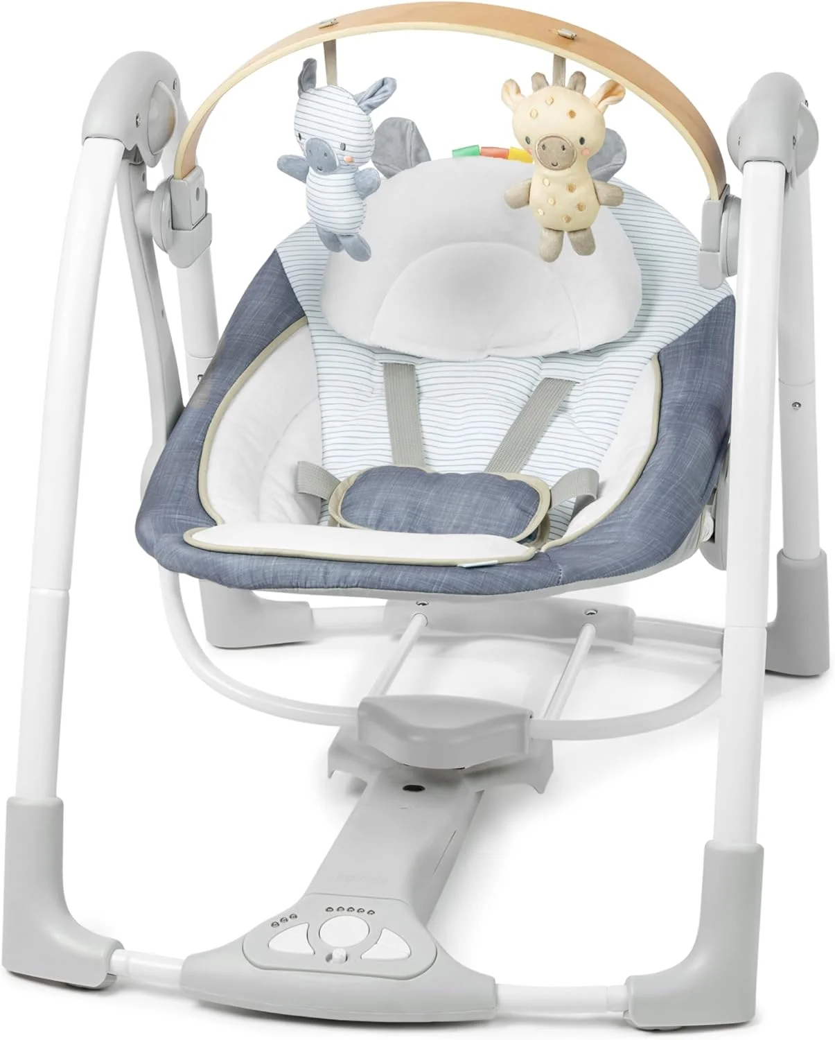 تاب برقی قابل حمل اینجنیویتی Swing n Go، میله اسباب بازی چوبی قابل جابجایی ساخته شده از جنگلداری پایدار، 5 سرعت، برای کودکان 0-9 ماهه، تا 9 کیلوگرم، Chambray