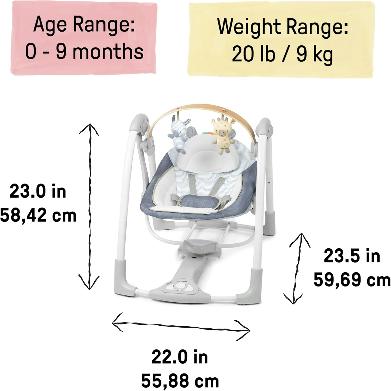 تاب برقی قابل حمل اینجنیویتی Swing n Go، میله اسباب بازی چوبی قابل جابجایی ساخته شده از جنگلداری پایدار، 5 سرعت، برای کودکان 0-9 ماهه، تا 9 کیلوگرم، Chambray