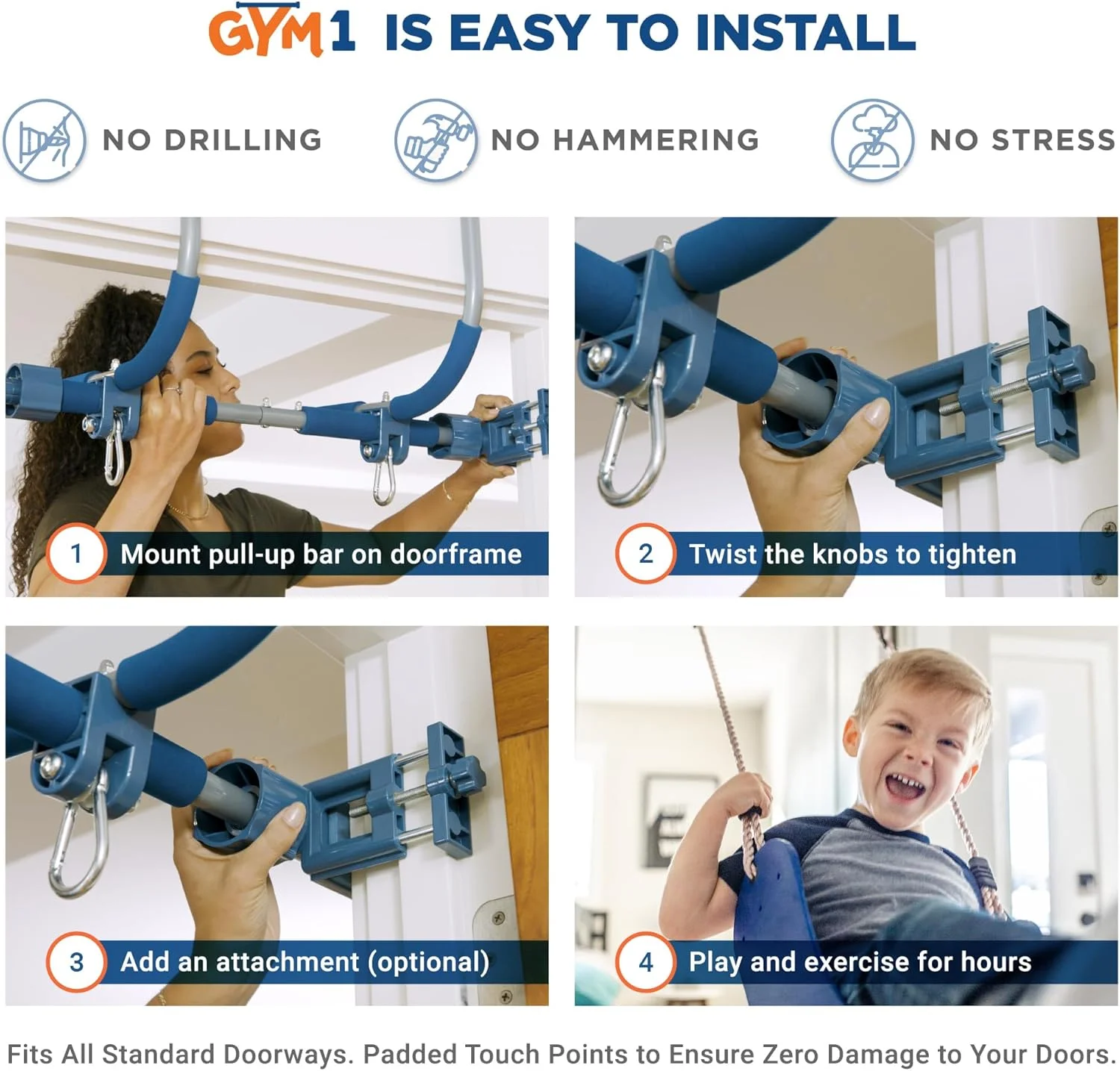 مجموعه میله بارفیکس و تاب درب ورودی Gym1، دو تکه، مناسب کودکان و بزرگسالان | فولاد حرفه ای با تحمل وزن تا 136 کیلوگرم | مجموعه 2 در 1 برای تفریح و تناسب اندام در داخل خانه - آبی