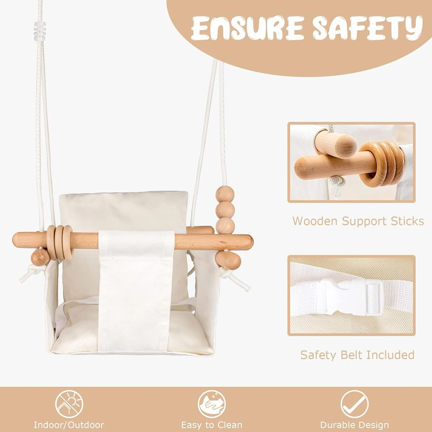 تاب بازی آویز کرباسی کودک، صندلی تاب چوبی کودک نوپا با کمربند ایمنی، تاب بازی بادوام کودک برای کودکان و نوزادان، تاب سرپوشیده و فضای باز برای زمین بازی، تاب درختی یا حیاط خلوت (سفید)
