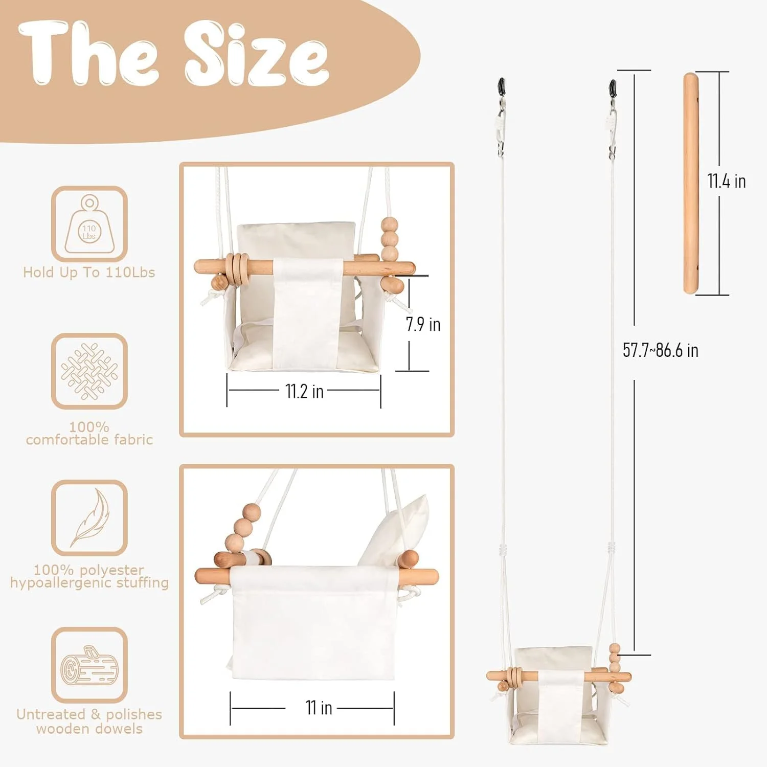 تاب بازی آویز کرباسی کودک، صندلی تاب چوبی کودک نوپا با کمربند ایمنی، تاب بازی بادوام کودک برای کودکان و نوزادان، تاب سرپوشیده و فضای باز برای زمین بازی، تاب درختی یا حیاط خلوت (سفید)