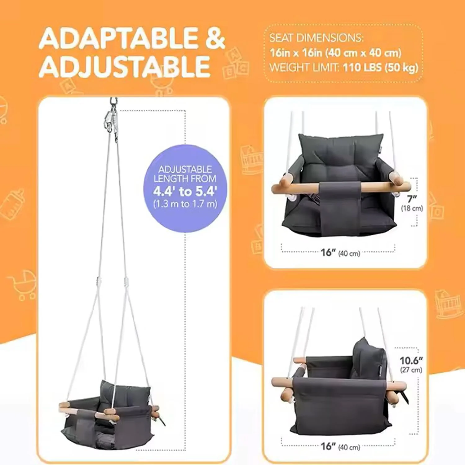 تاب بازی آویز کودک با کمربند ایمنی 5 نقطه ای، صندلی تاب بوم و چوبی برای استفاده در داخل/خارج از منزل، حیاط خلوت، زمین بازی و نصب روی درخت (خاکستری مدرن)