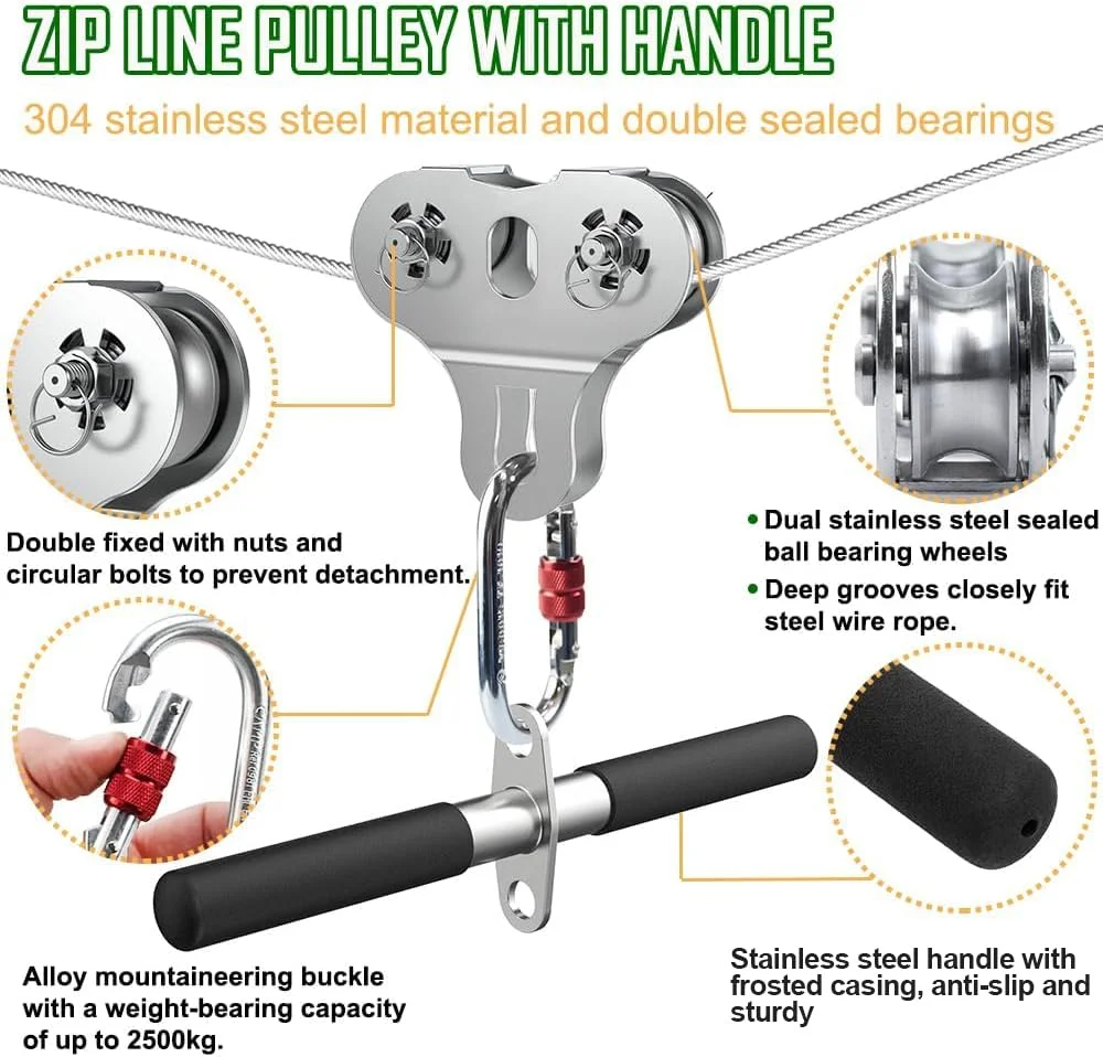 مجموعه زیپ لاین برای کودکان و بزرگسالان، مناسب فضای باز تا وزن 226 کیلوگرم، ساخته شده از فولاد ضد زنگ 304، طول 24 متر، دارای قرقره جداشدنی، تجهیزات بازی در فضای باز
