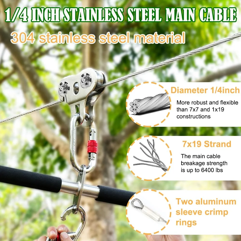 مجموعه زیپ لاین برای کودکان و بزرگسالان، مناسب فضای باز تا وزن 226 کیلوگرم، ساخته شده از فولاد ضد زنگ 304، طول 24 متر، دارای قرقره جداشدنی، تجهیزات بازی در فضای باز