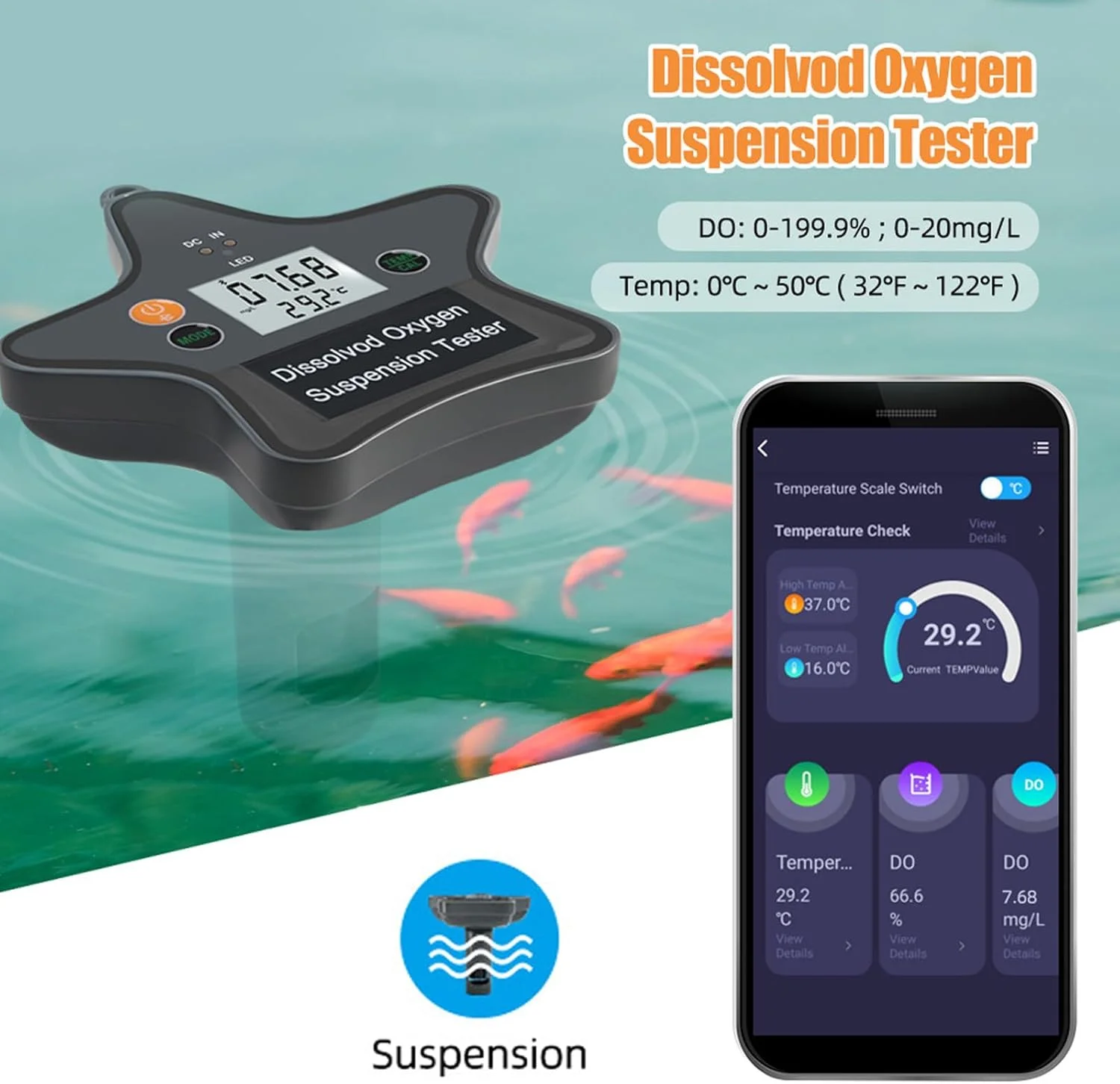 اکسیژن‌سنج محلول، طراحی ضد نشت، اپلیکیشن چند زبانه، عمر باتری طولانی، قابلیت خروجی داده، با همگام‌سازی داده از طریق BT برای آکواریوم، کشت هیدروپونیک و آزمایشگاه