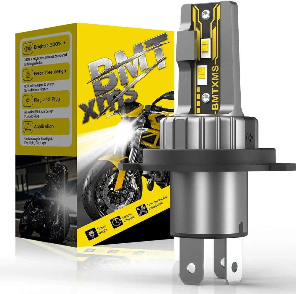 لامپ ال ای دی BMT xms H4 - چراغ جلوی ال ای دی با نور بالا/پایین 9003 HB2 برای موتورسیکلت - 600% روشن تر 10000LM 6500K سفید روشن، بسته 1 عددی