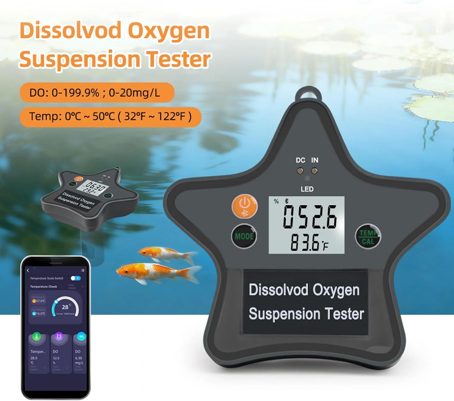 دستگاه سنجش اکسیژن محلول دیجیتال با طراحی ضد نشت برای آکواریوم، حوضچه ماهی، برنامه چند زبانه و عملکرد خروجی داده، محدوده اندازه گیری 0-20mg/L