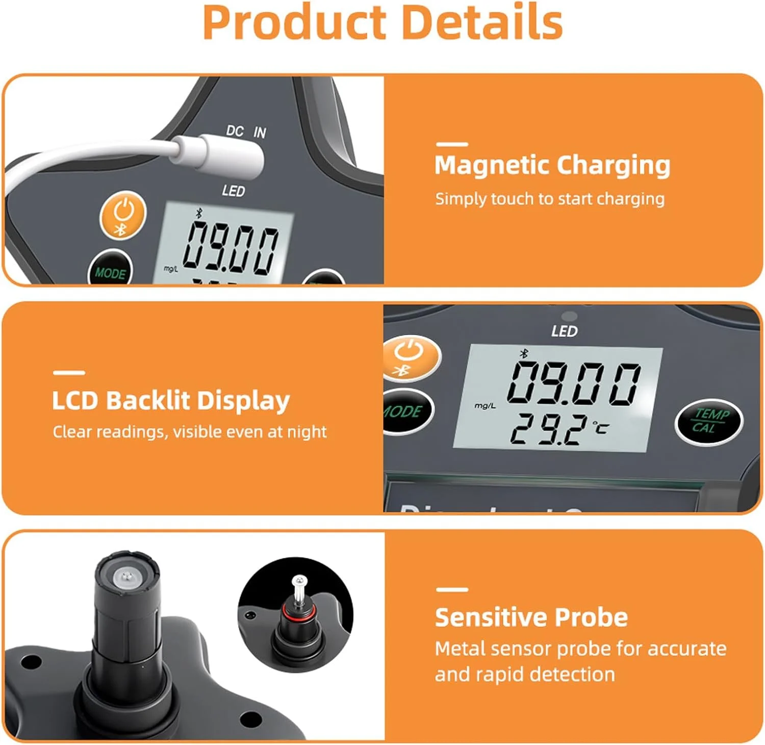 دستگاه سنجش اکسیژن محلول، دستگاه دیجیتال سنجش کیفیت آب، آنالیزور اکسیژن شناور ضد نشت با بلوتوث، اپلیکیشن چند زبانه، عمر باتری طولانی برای آکواریوم، تانک ماهی، حوضچه ها