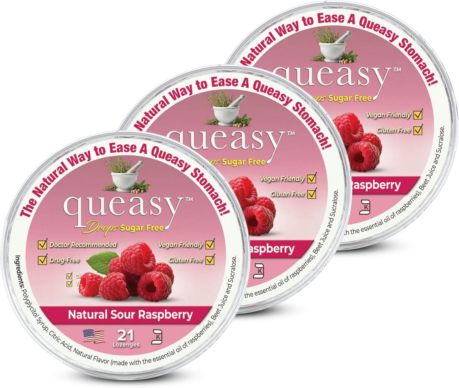 آبنبات های بدون قند Three Lollies با طعم تمشک ترش طبیعی - تسکین حالت تهوع ناشی از شیمی درمانی و بیماری مسافرت - رفع خشکی دهان - مواد طبیعی - 21 عدد (بسته 3 عددی)